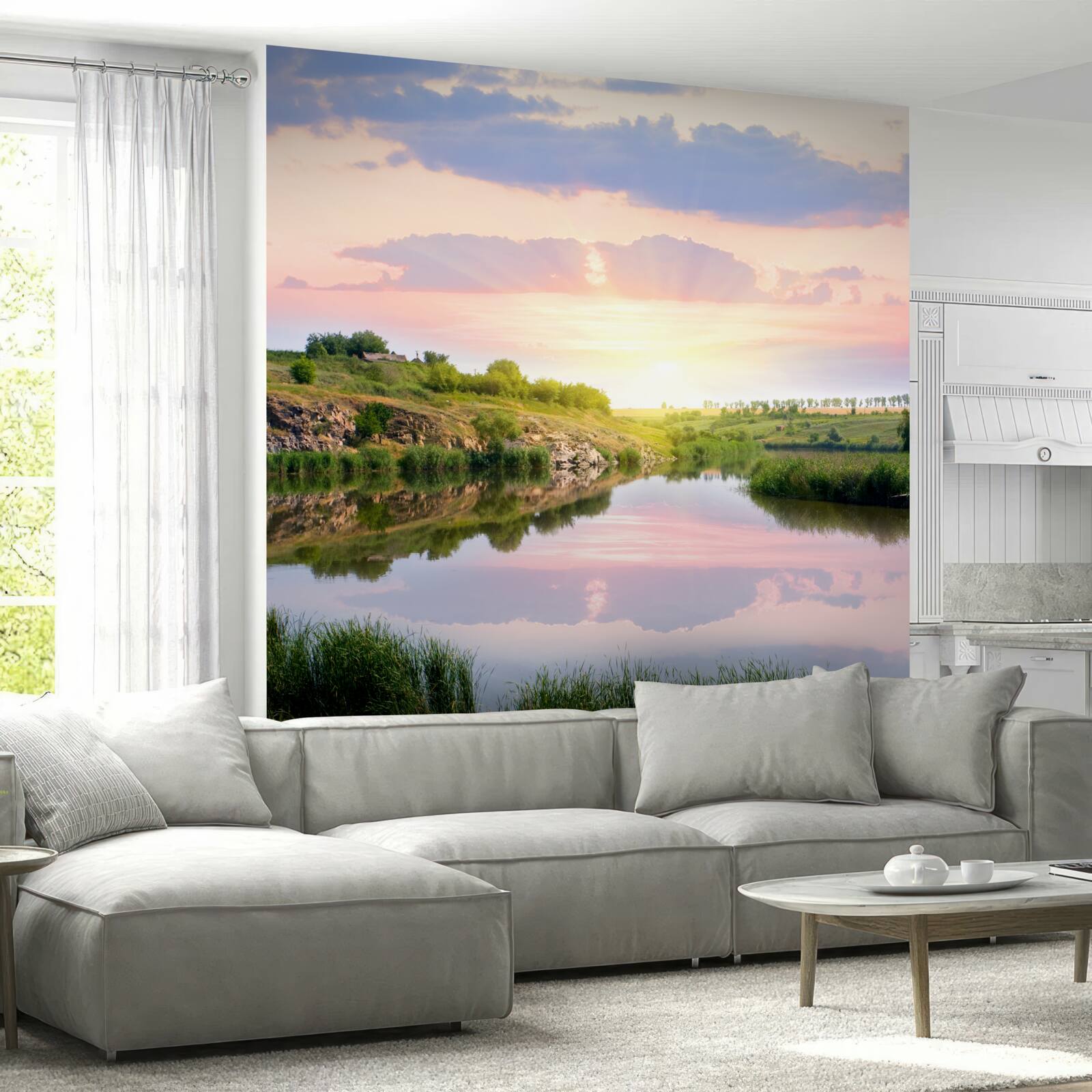 Fotobehang comfortabel terras aan een rustig meer