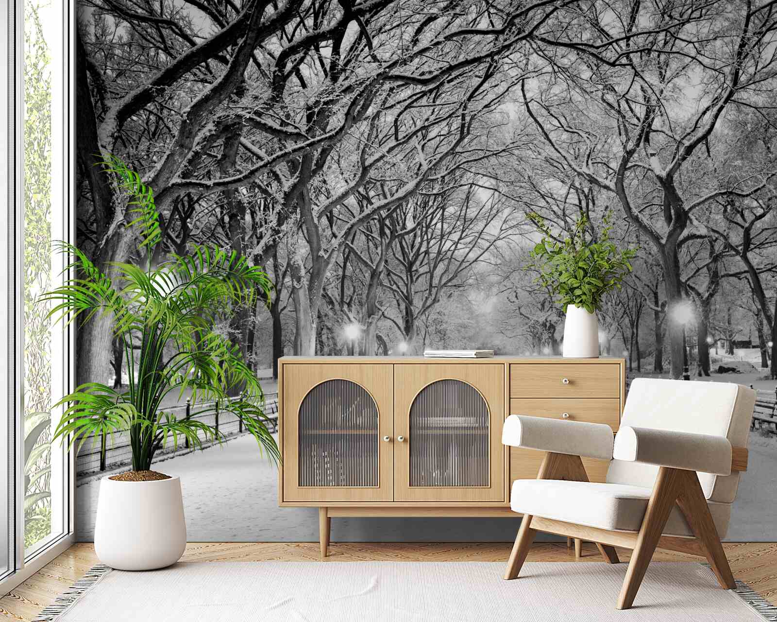 Fotobehang Besneeuwd pad tussen de bomen