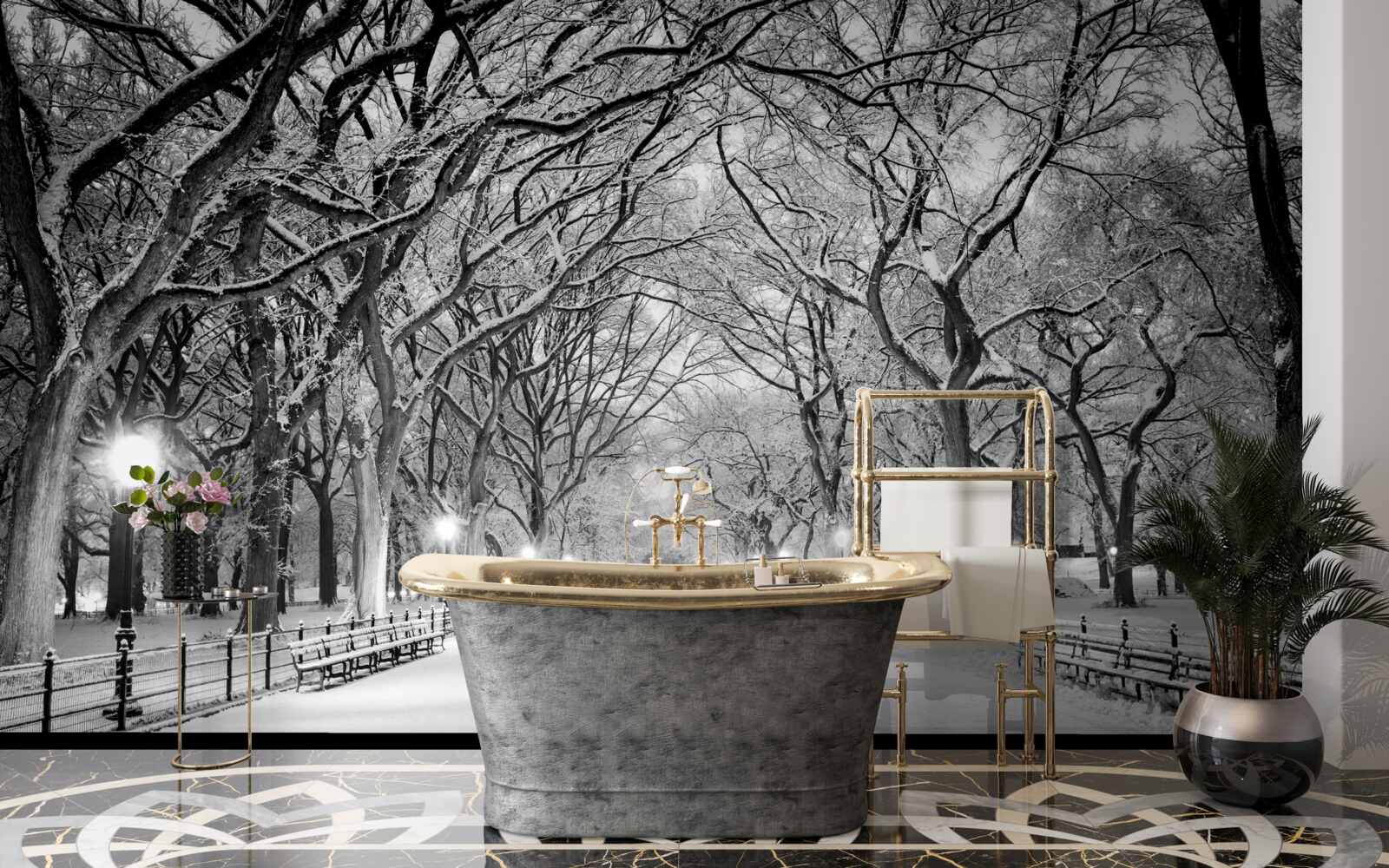 Fotobehang Besneeuwd pad tussen de bomen