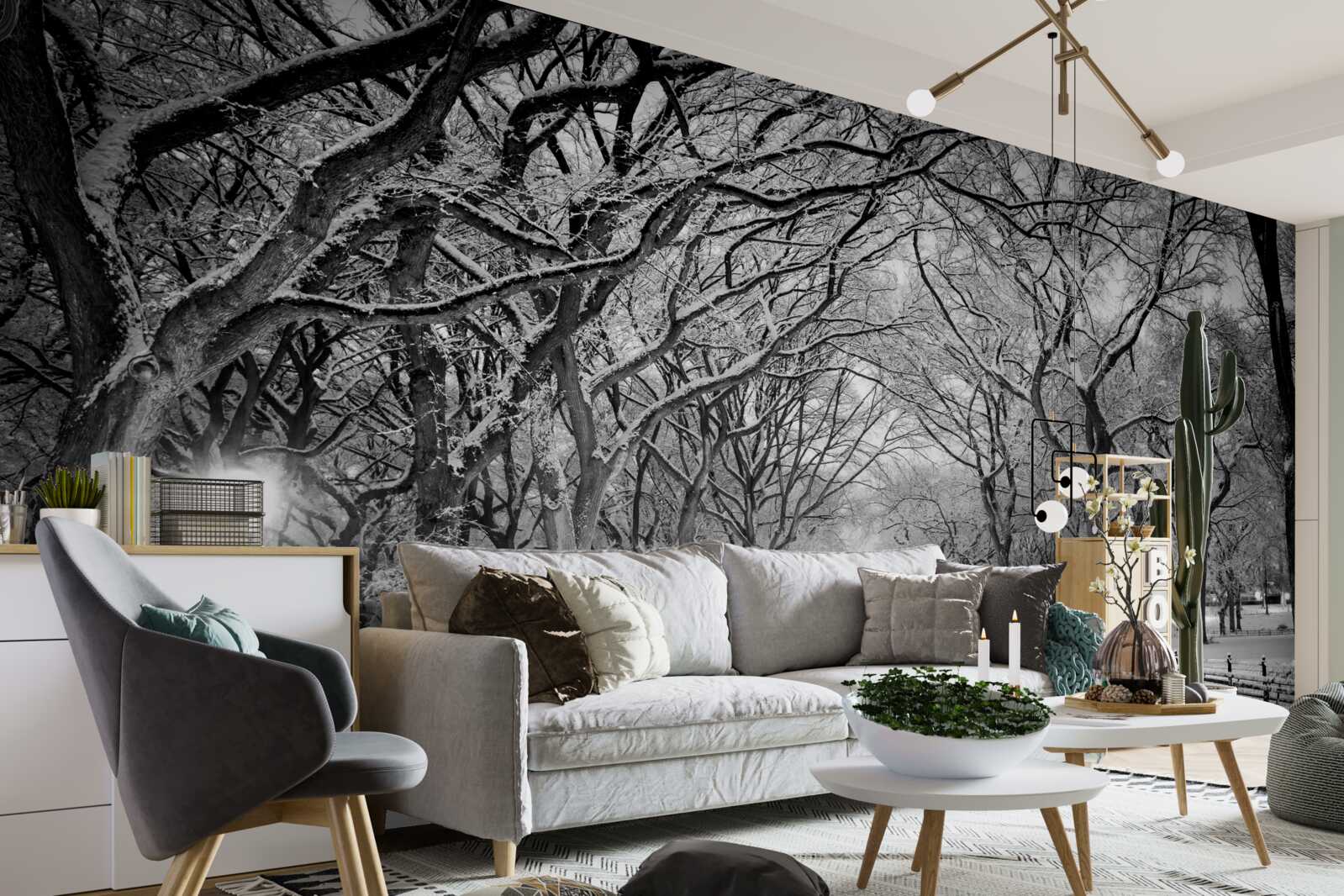 Fotobehang Besneeuwd pad tussen de bomen