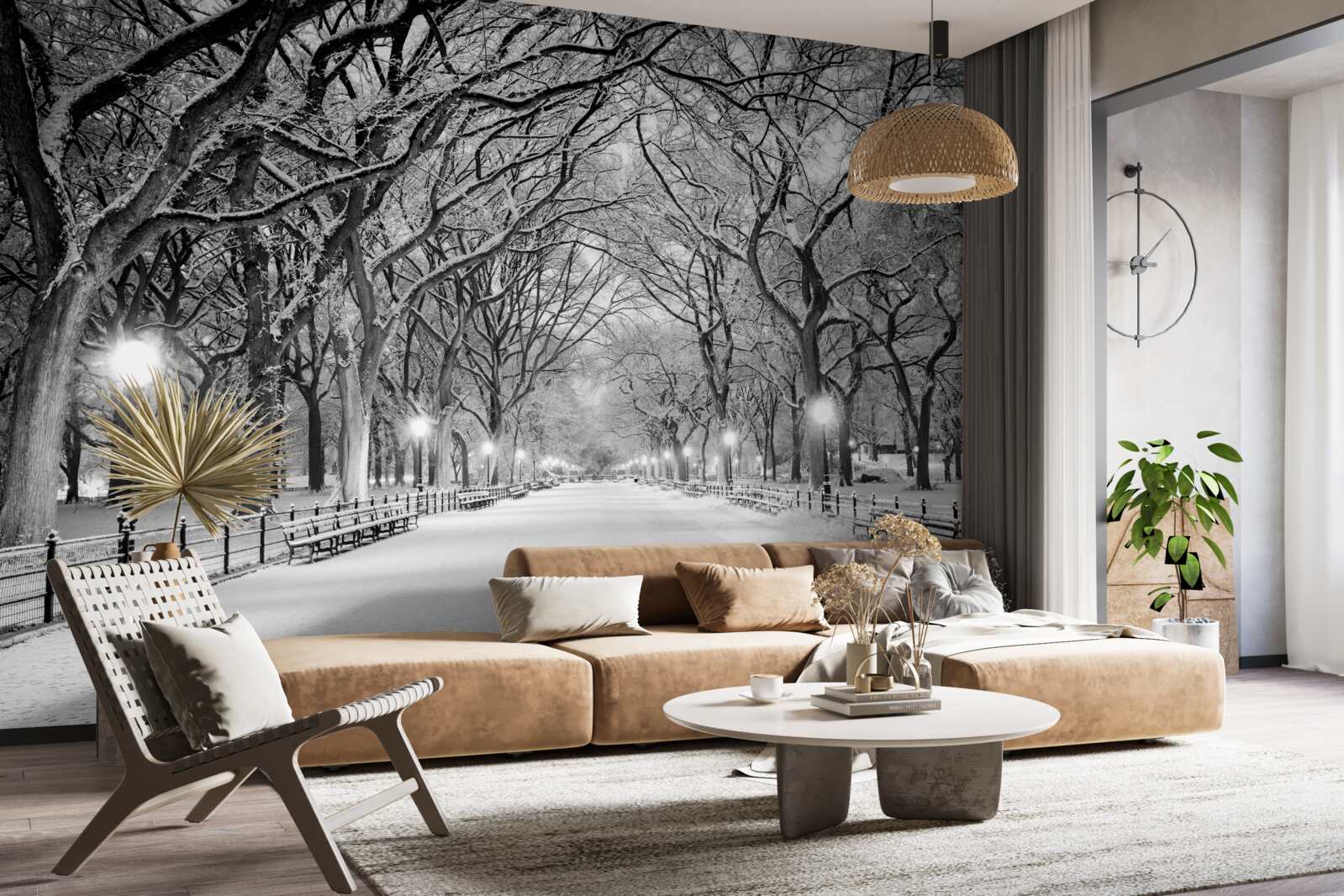 Fotobehang Besneeuwd pad tussen de bomen