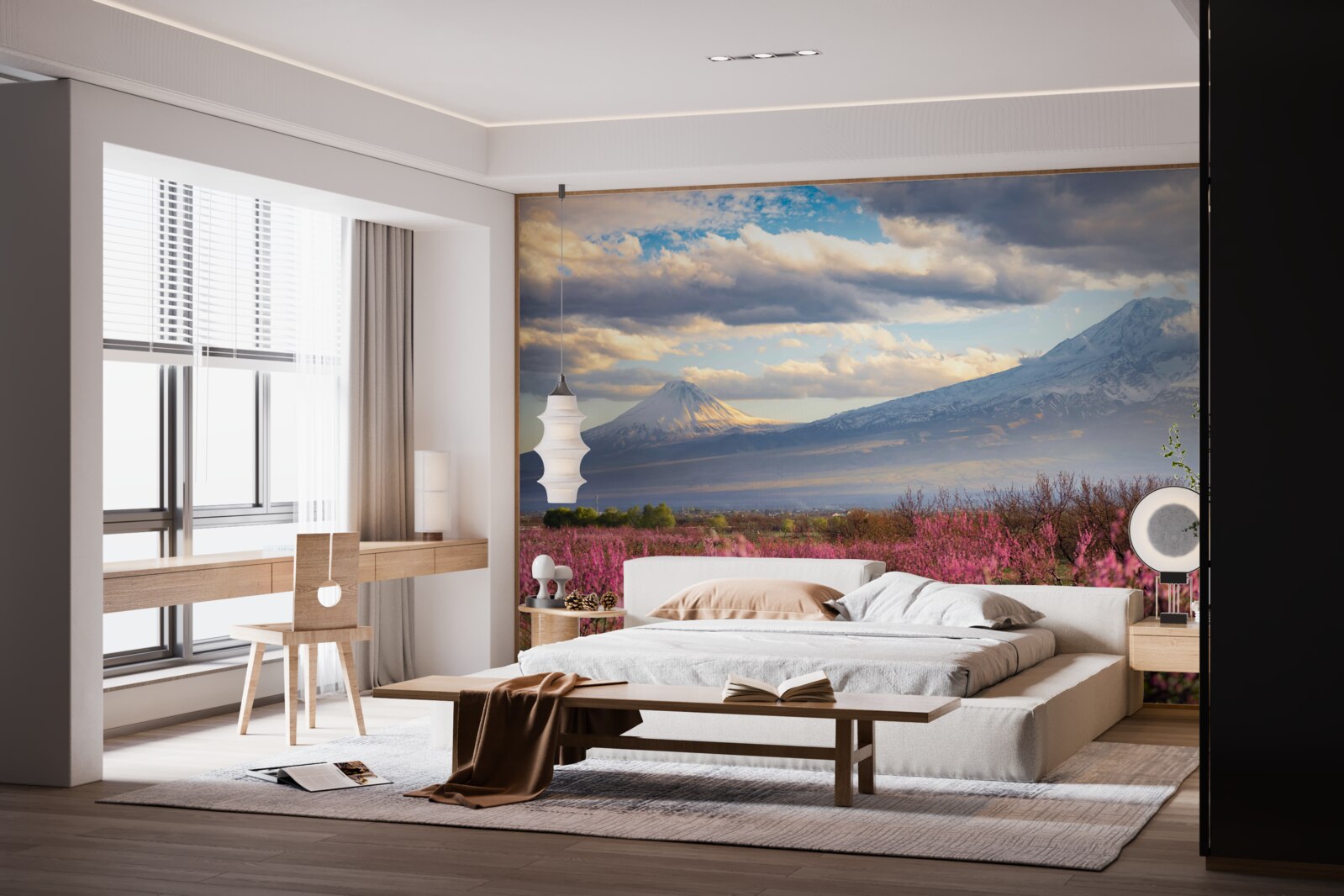 Fotobehang Aan de voet van de bergen staan de kersenbomen trots in bloei