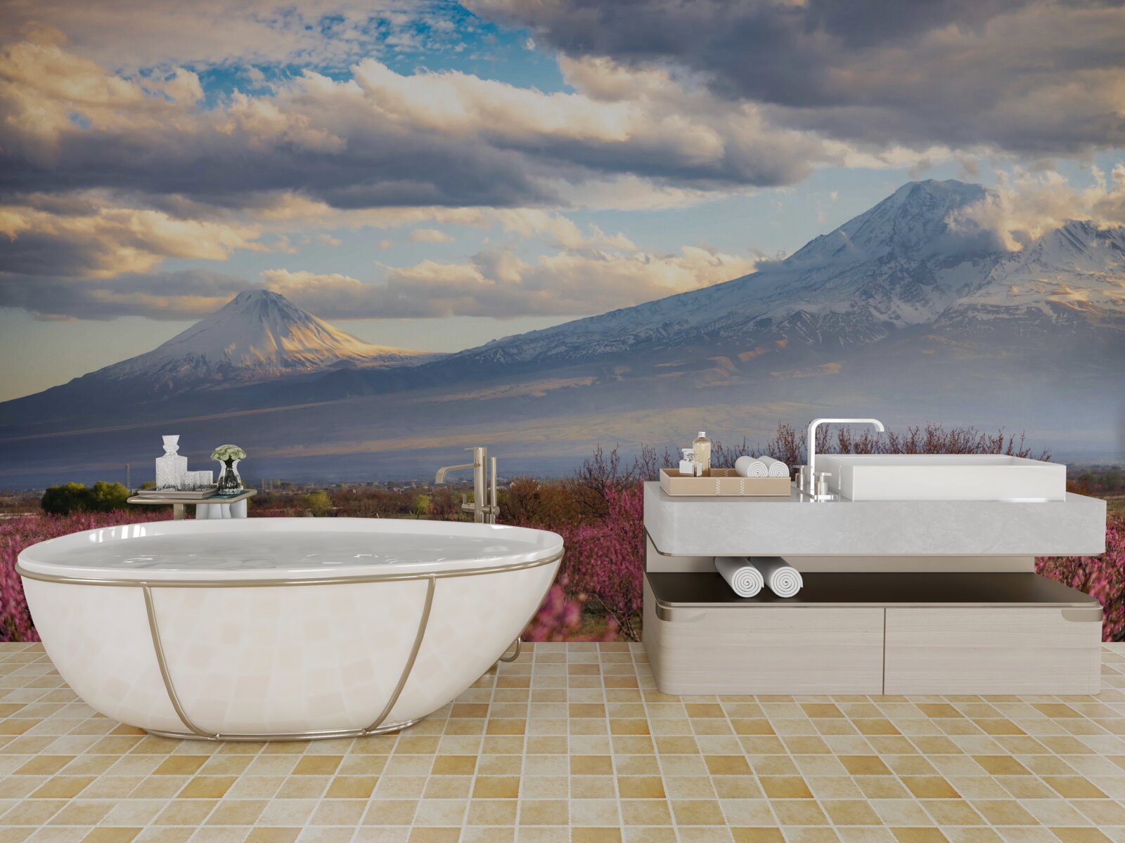 Fotobehang Aan de voet van de bergen staan de kersenbomen trots in bloei