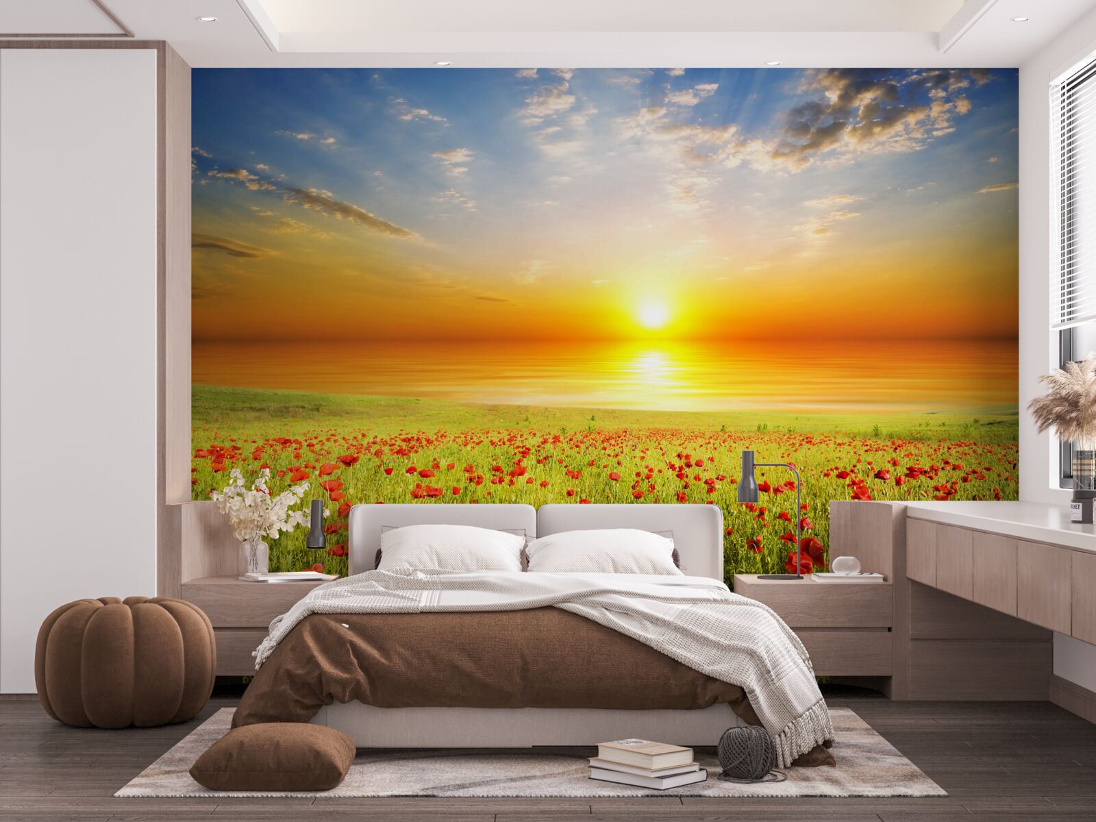 Fotobehang deze zomerse zonsondergang op een weiland bezaaid met klaprozen is vol kleur