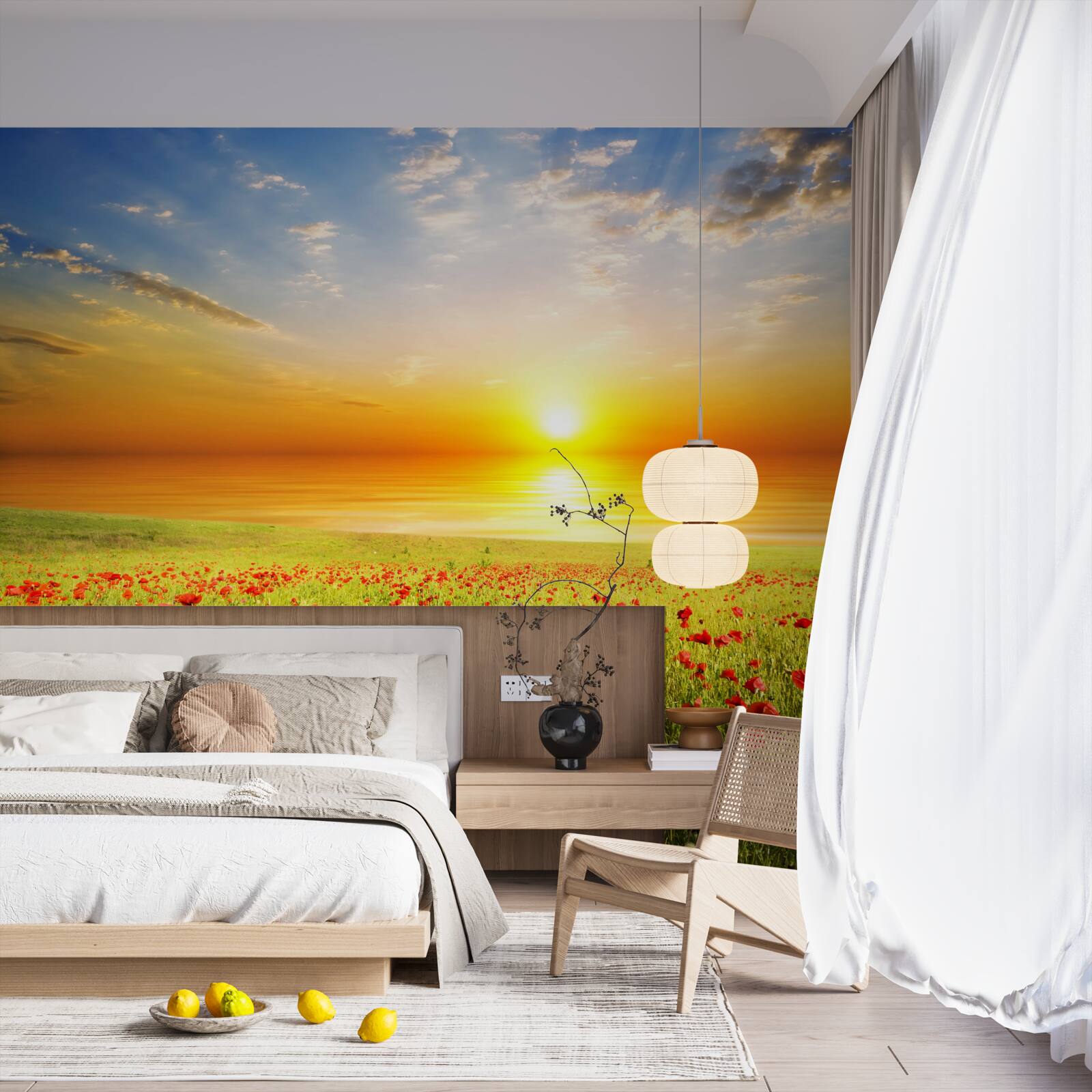 Fotobehang deze zomerse zonsondergang op een weiland bezaaid met klaprozen is vol kleur