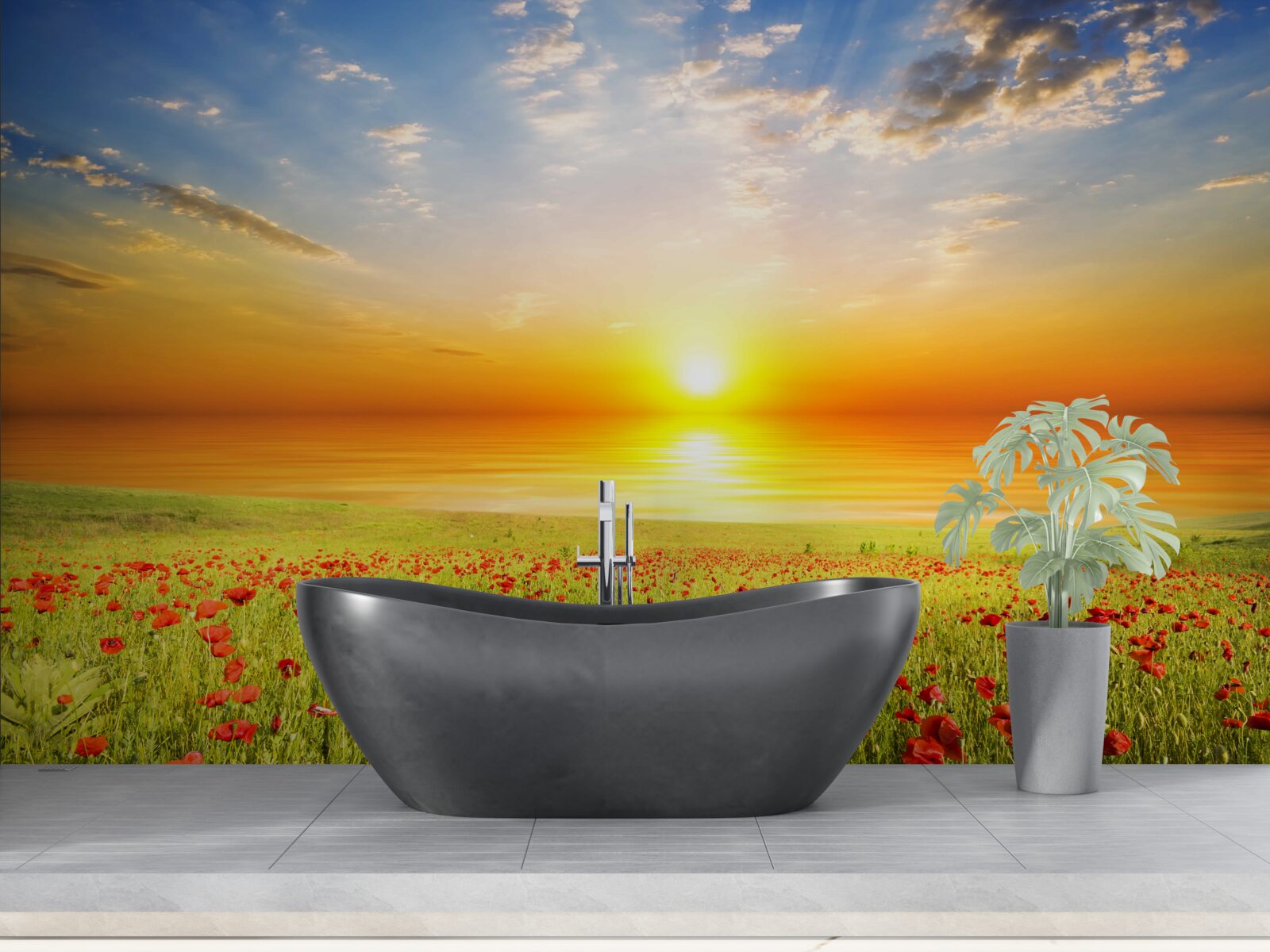 Fotobehang deze zomerse zonsondergang op een weiland bezaaid met klaprozen is vol kleur