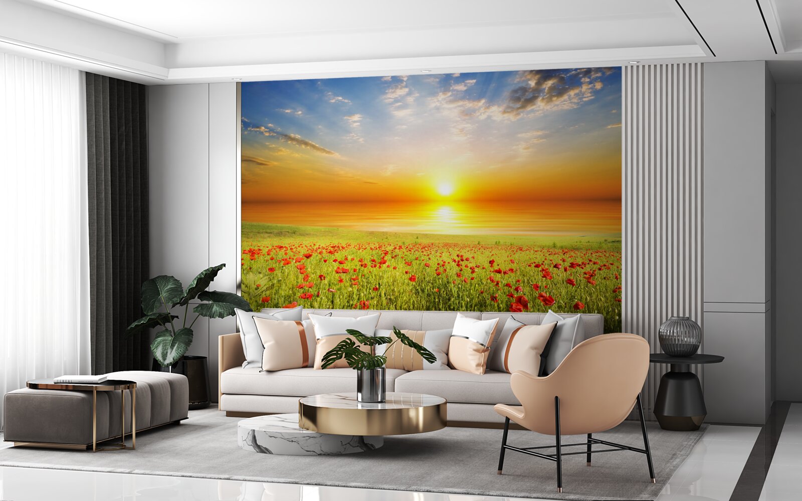 Fotobehang deze zomerse zonsondergang op een weiland bezaaid met klaprozen is vol kleur