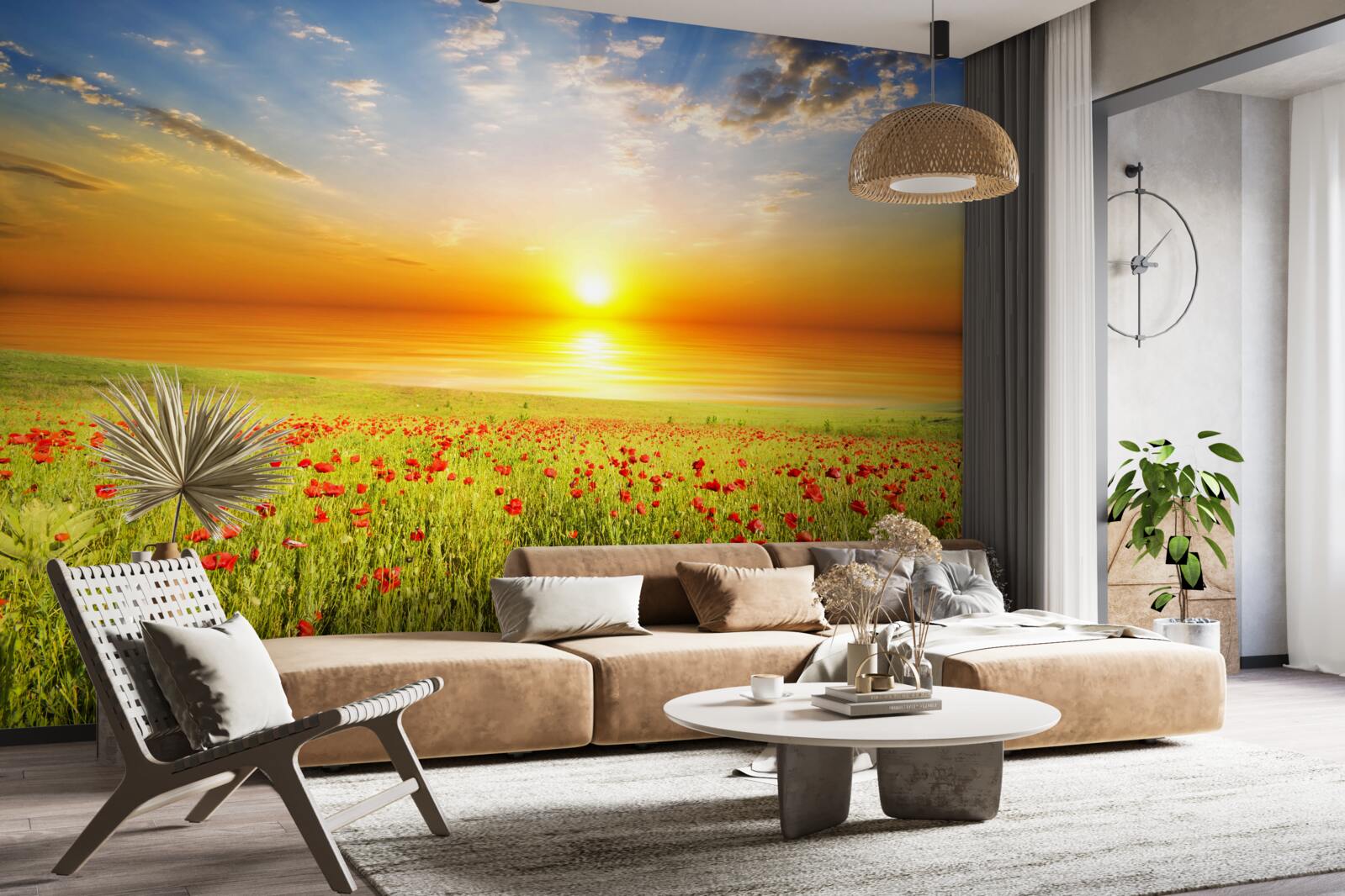 Fotobehang deze zomerse zonsondergang op een weiland bezaaid met klaprozen is vol kleur