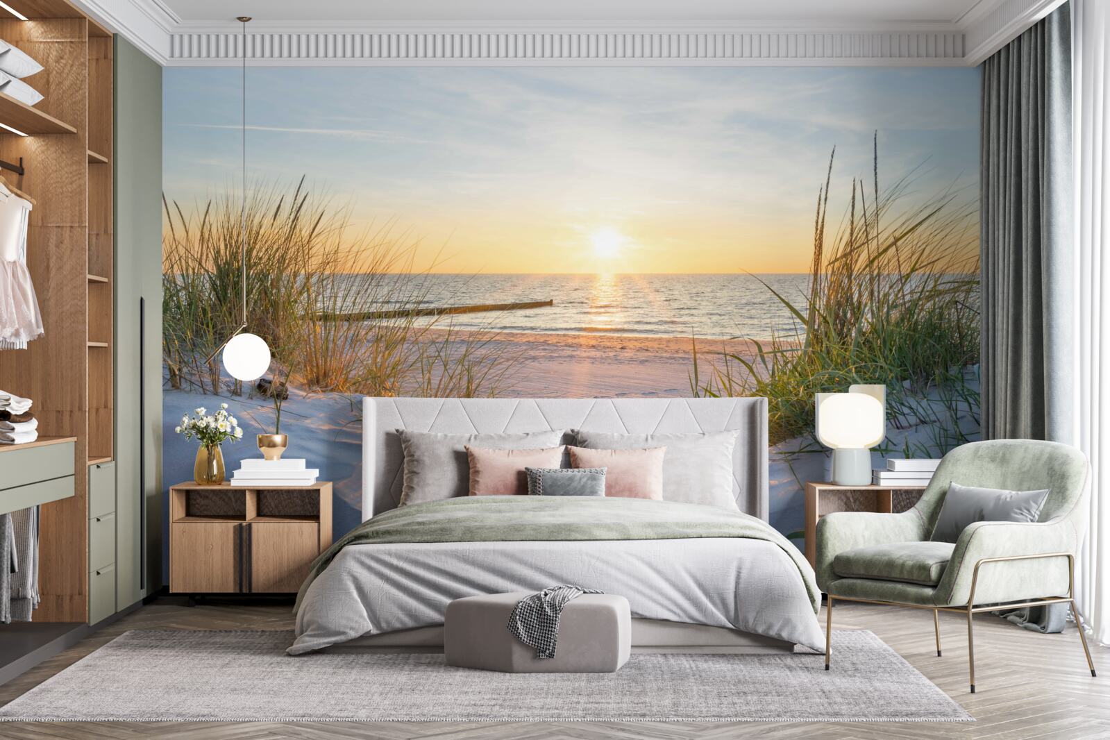 Fotobehang het zandstrand is versierd met groen gras