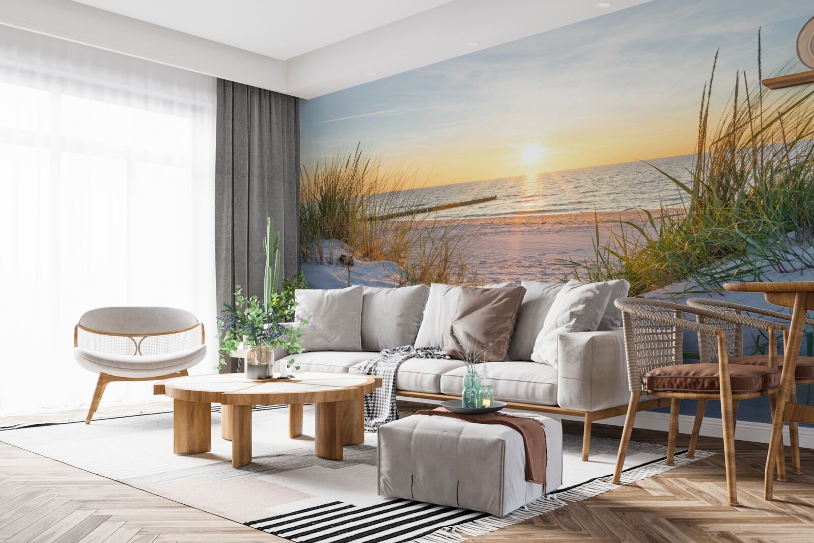 Fotobehang het zandstrand is versierd met groen gras