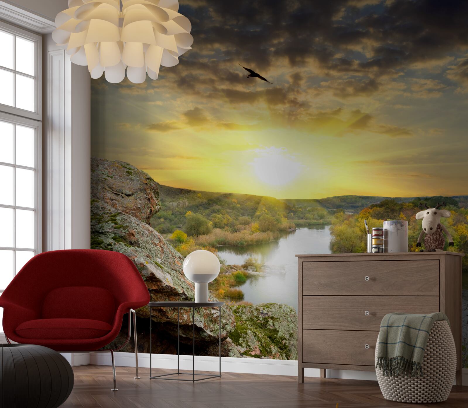 Fotobehang de herfstzon verandert in een koele zonsondergang