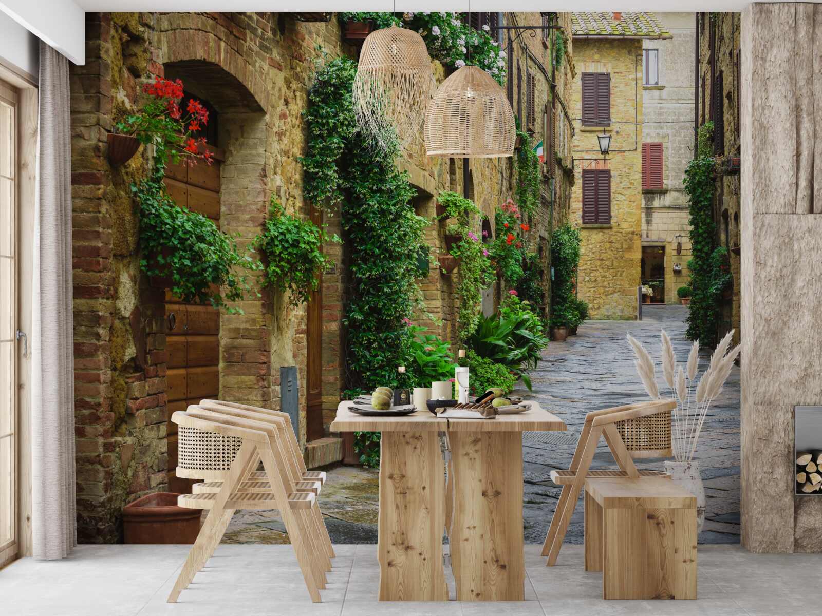 Fotobehang historische straat omgeven door groen