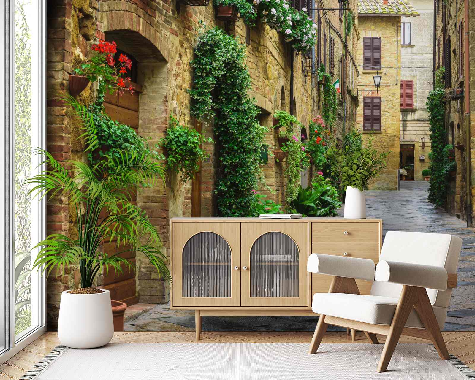 Fotobehang historische straat omgeven door groen