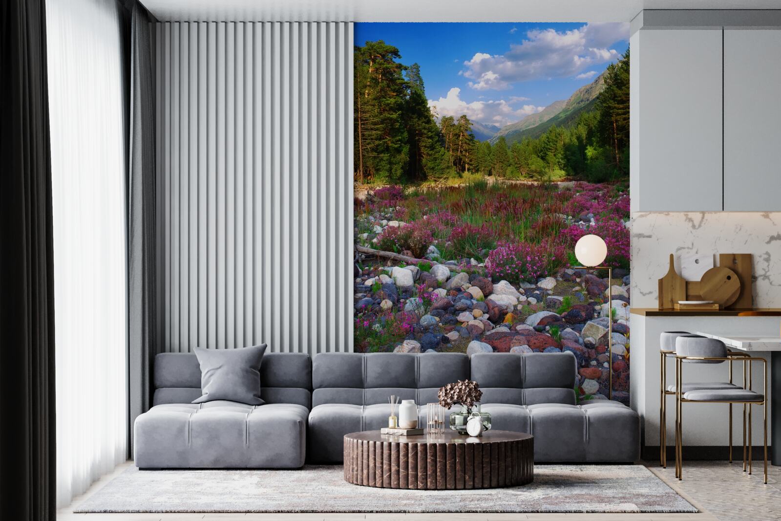 Fotobehang veelkleurige blokken en groene den