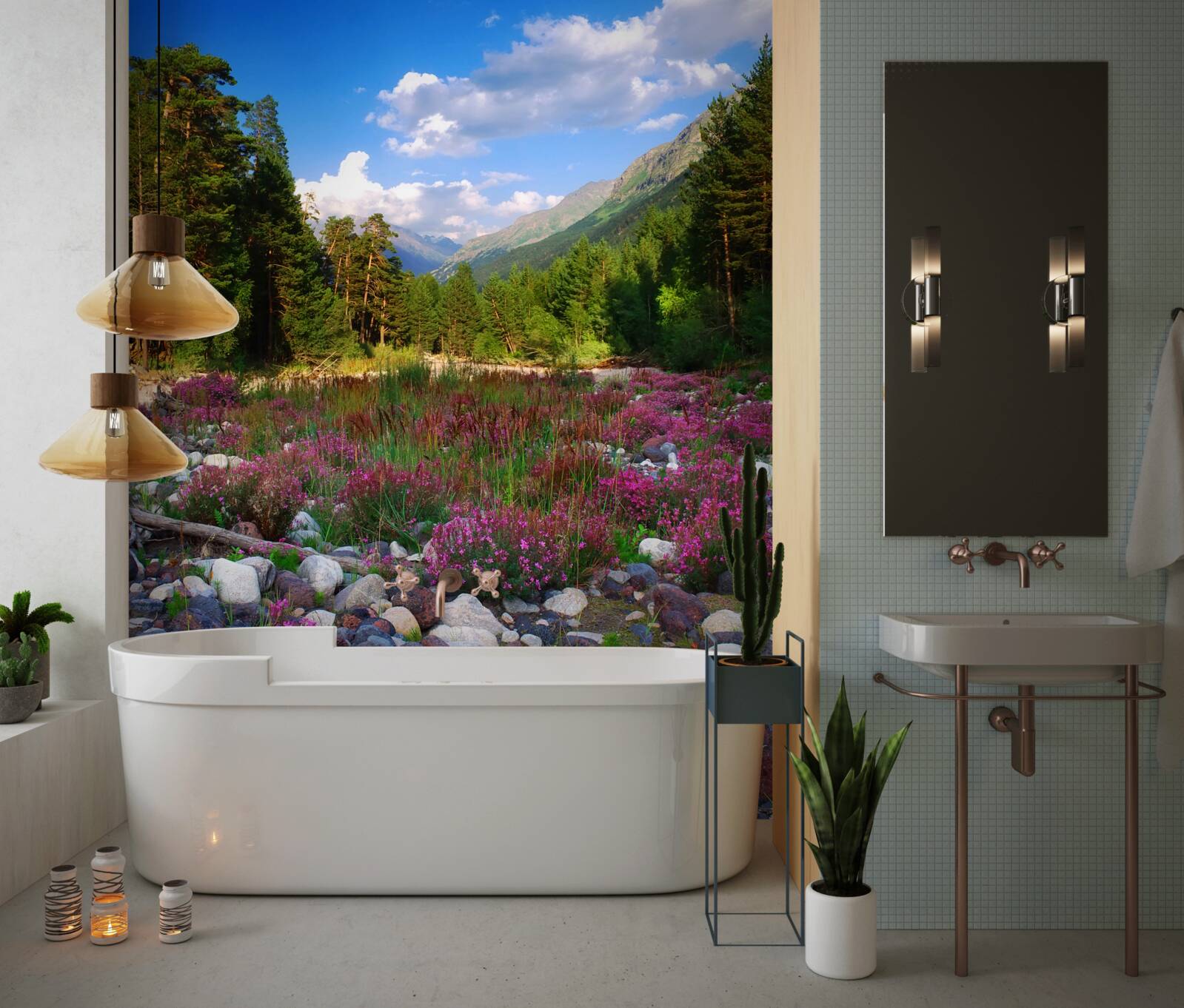 Fotobehang veelkleurige blokken en groene den