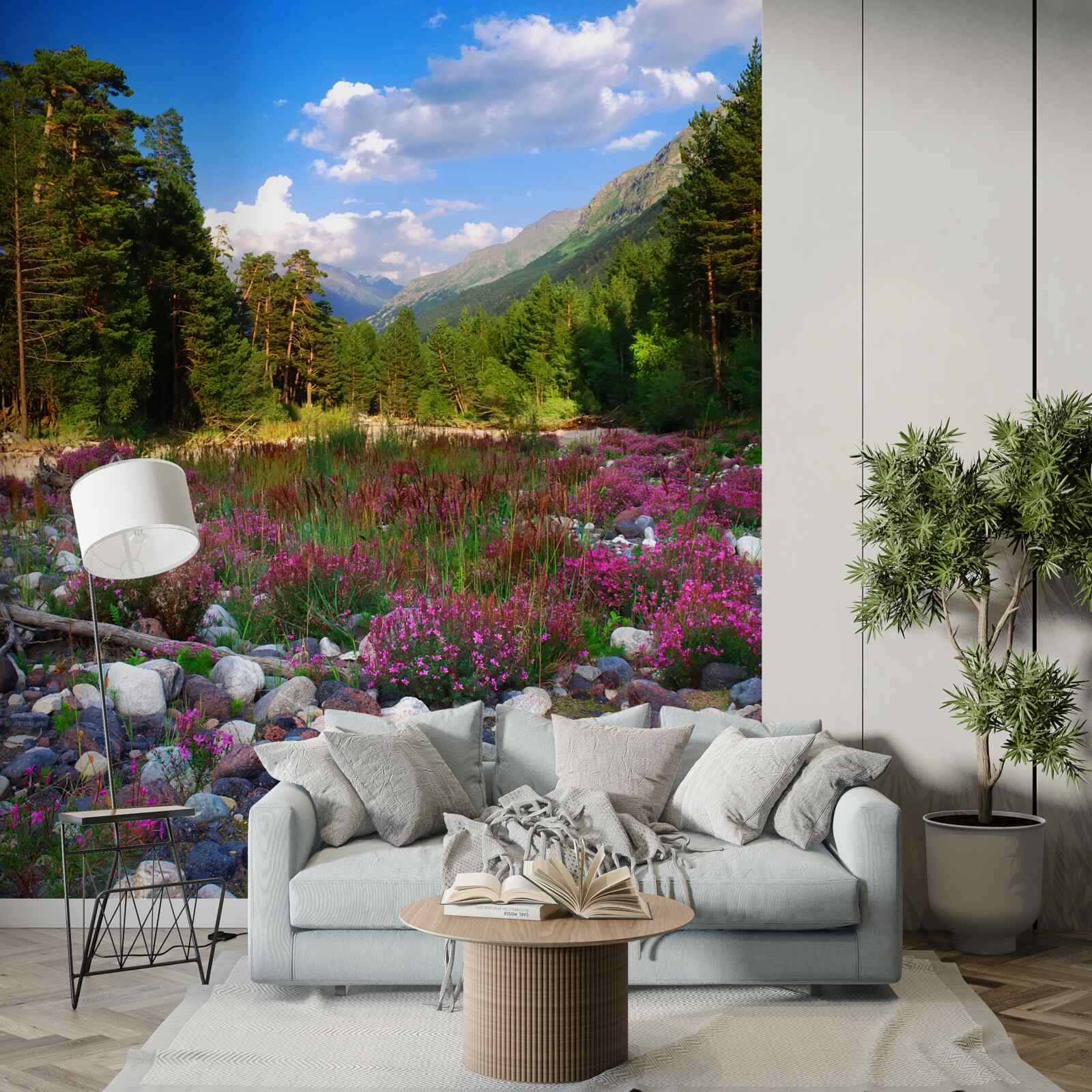 Fotobehang veelkleurige blokken en groene den