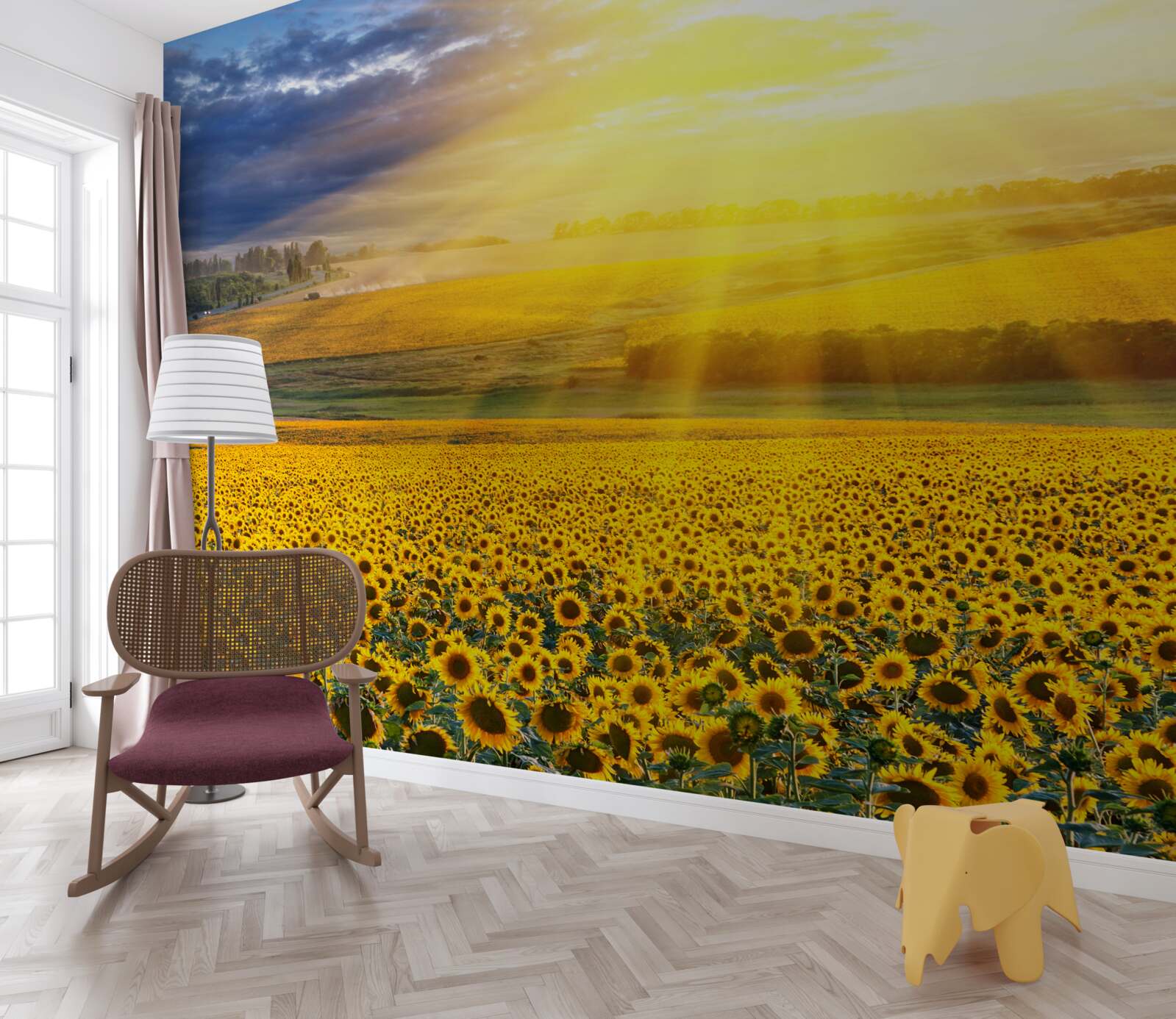 Fotobehang de zon staat vol helderheid boven een veld met weelderige zonnebloemen