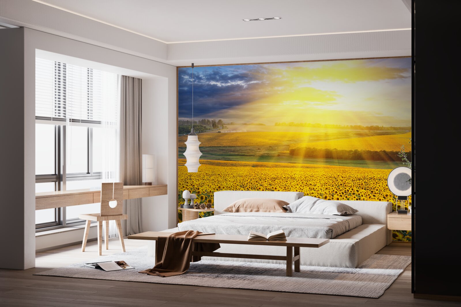 Fotobehang de zon staat vol helderheid boven een veld met weelderige zonnebloemen