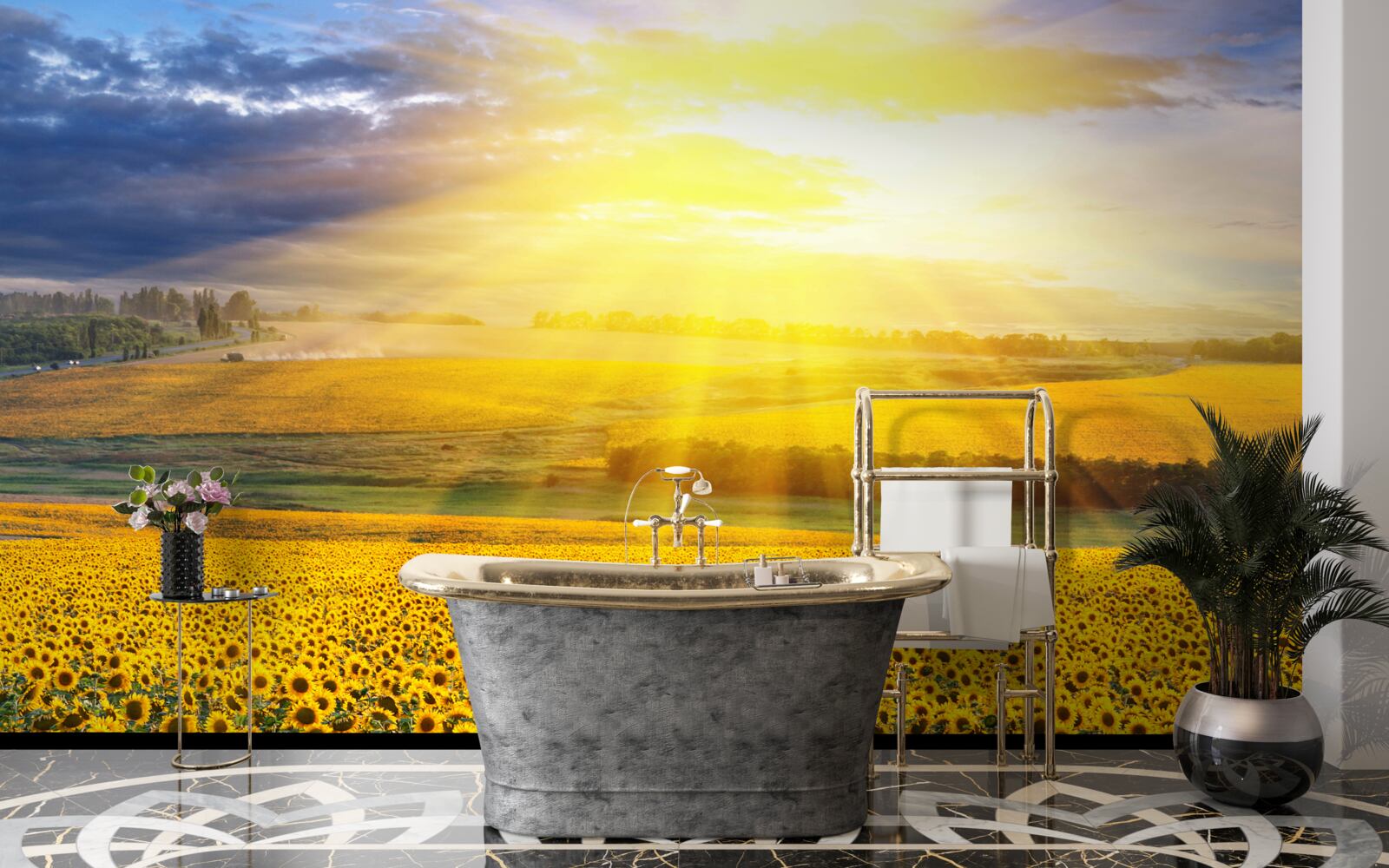 Fotobehang de zon staat vol helderheid boven een veld met weelderige zonnebloemen