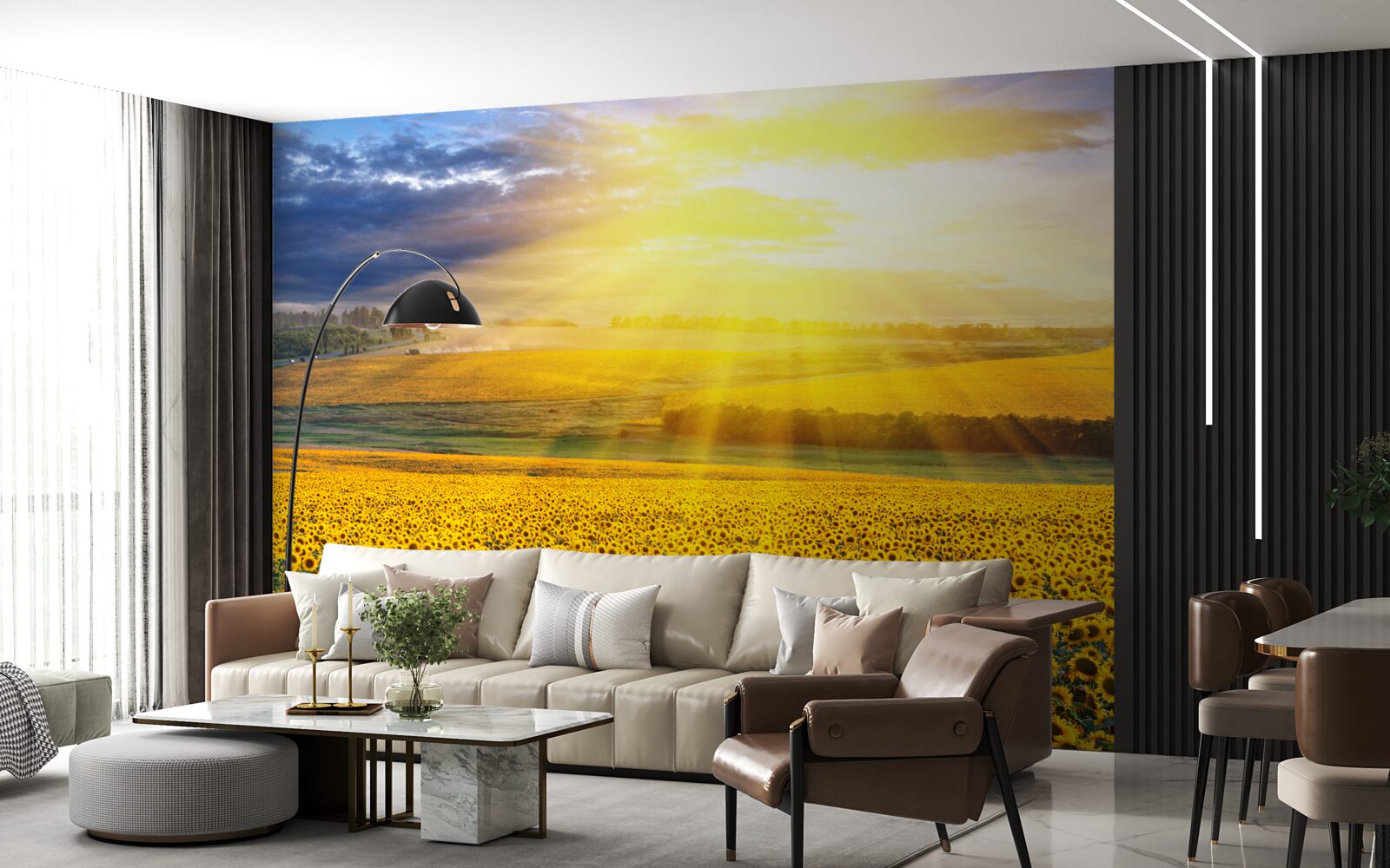 Fotobehang de zon staat vol helderheid boven een veld met weelderige zonnebloemen