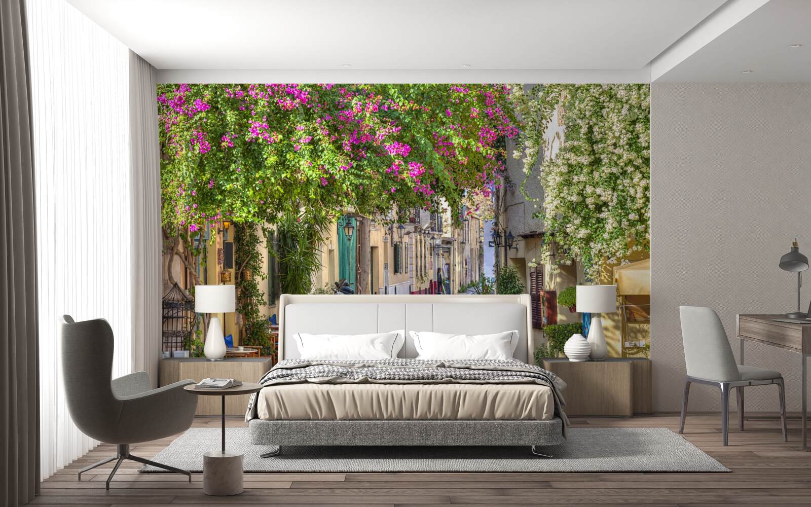 Fotobehang straat gestreeld door schilderachtig groen creëert vakkundig een sfeer van comfort