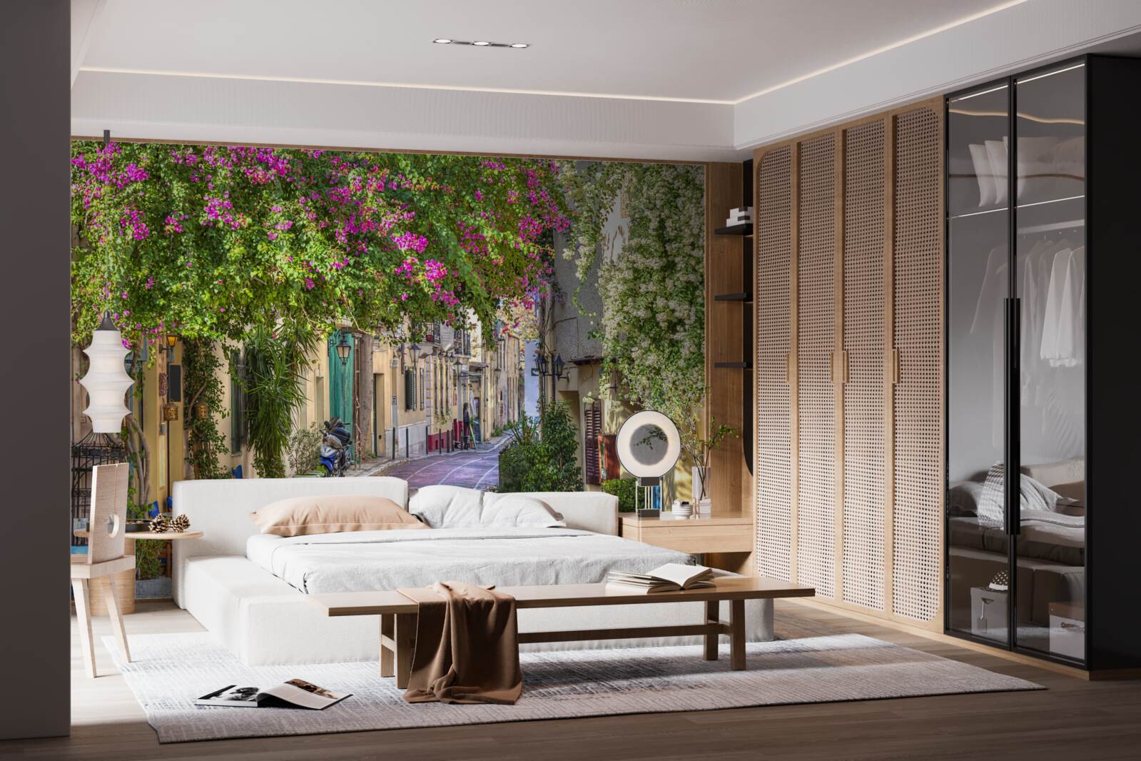 Fotobehang straat gestreeld door schilderachtig groen creëert vakkundig een sfeer van comfort