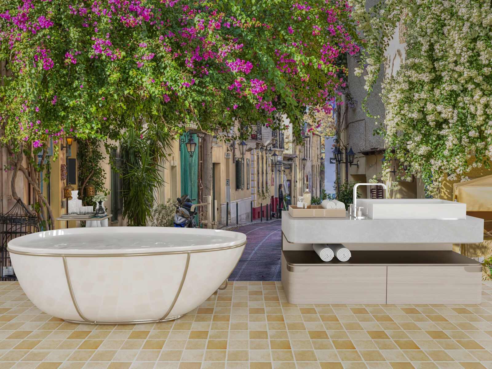 Fotobehang straat gestreeld door schilderachtig groen creëert vakkundig een sfeer van comfort