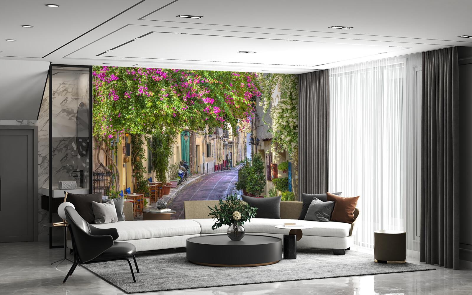 Fotobehang straat gestreeld door schilderachtig groen creëert vakkundig een sfeer van comfort