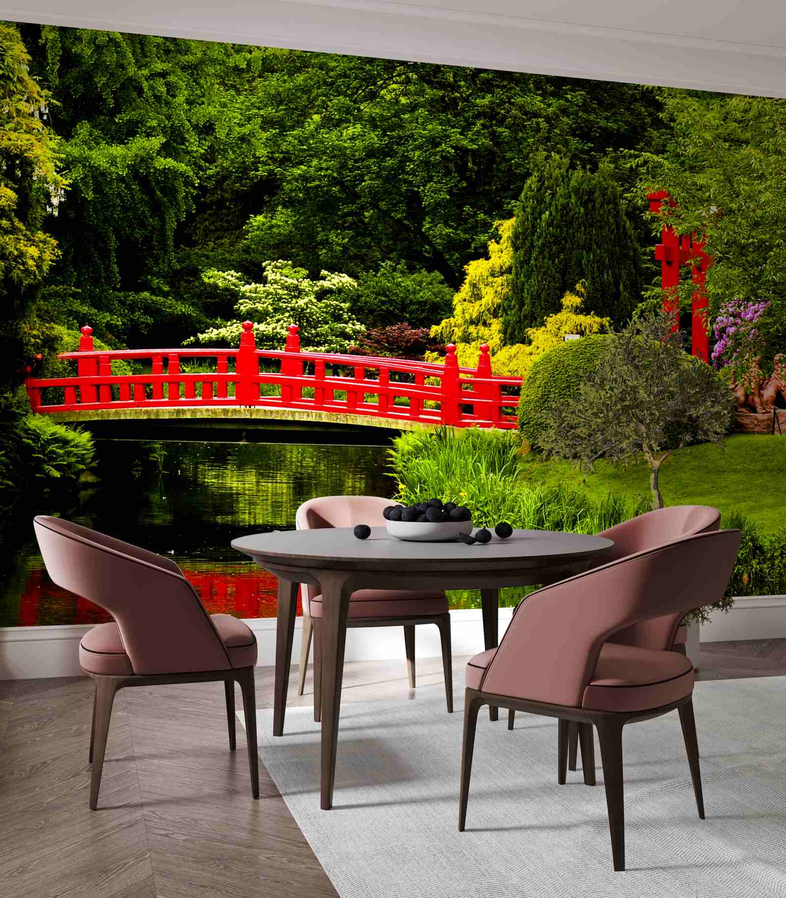 Fotobehang rode brug in de japanse tuin