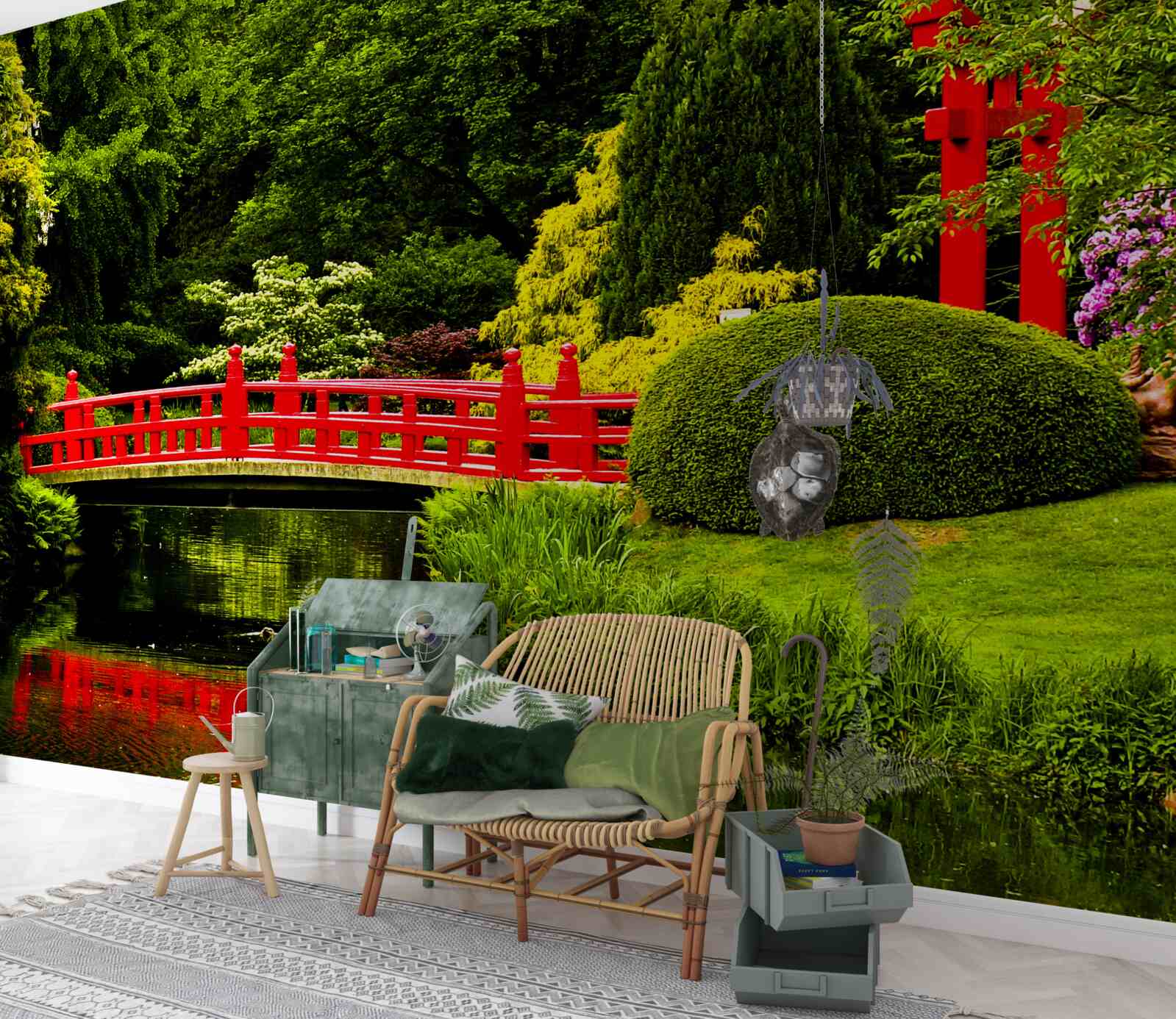 Fotobehang rode brug in de japanse tuin