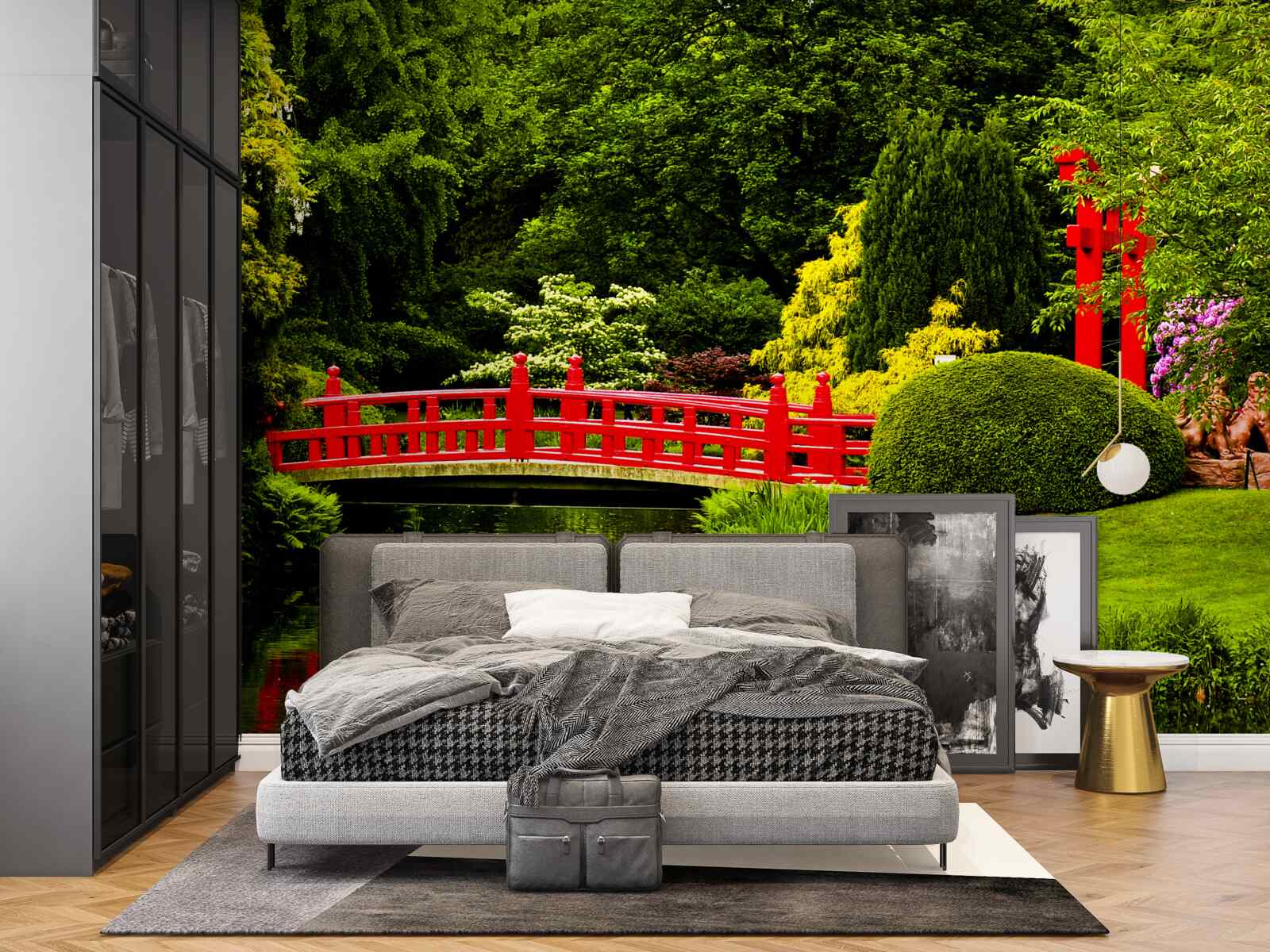 Fotobehang rode brug in de japanse tuin