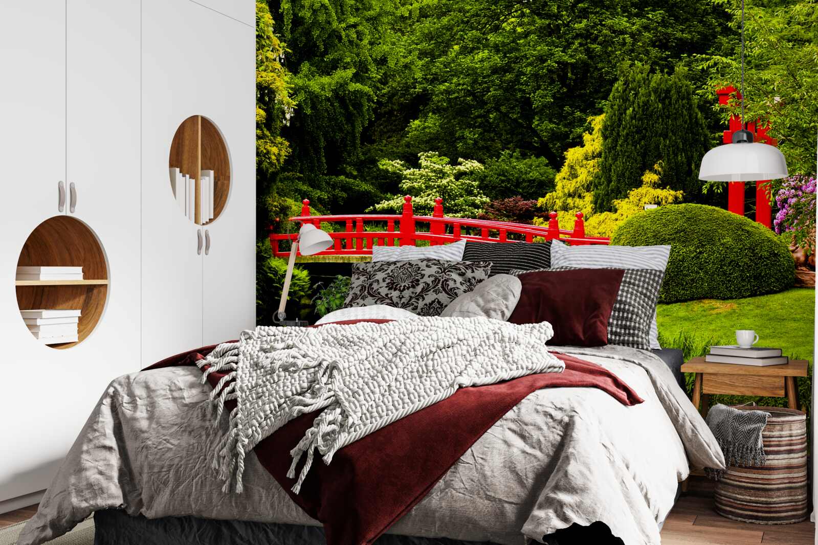 Fotobehang rode brug in de japanse tuin