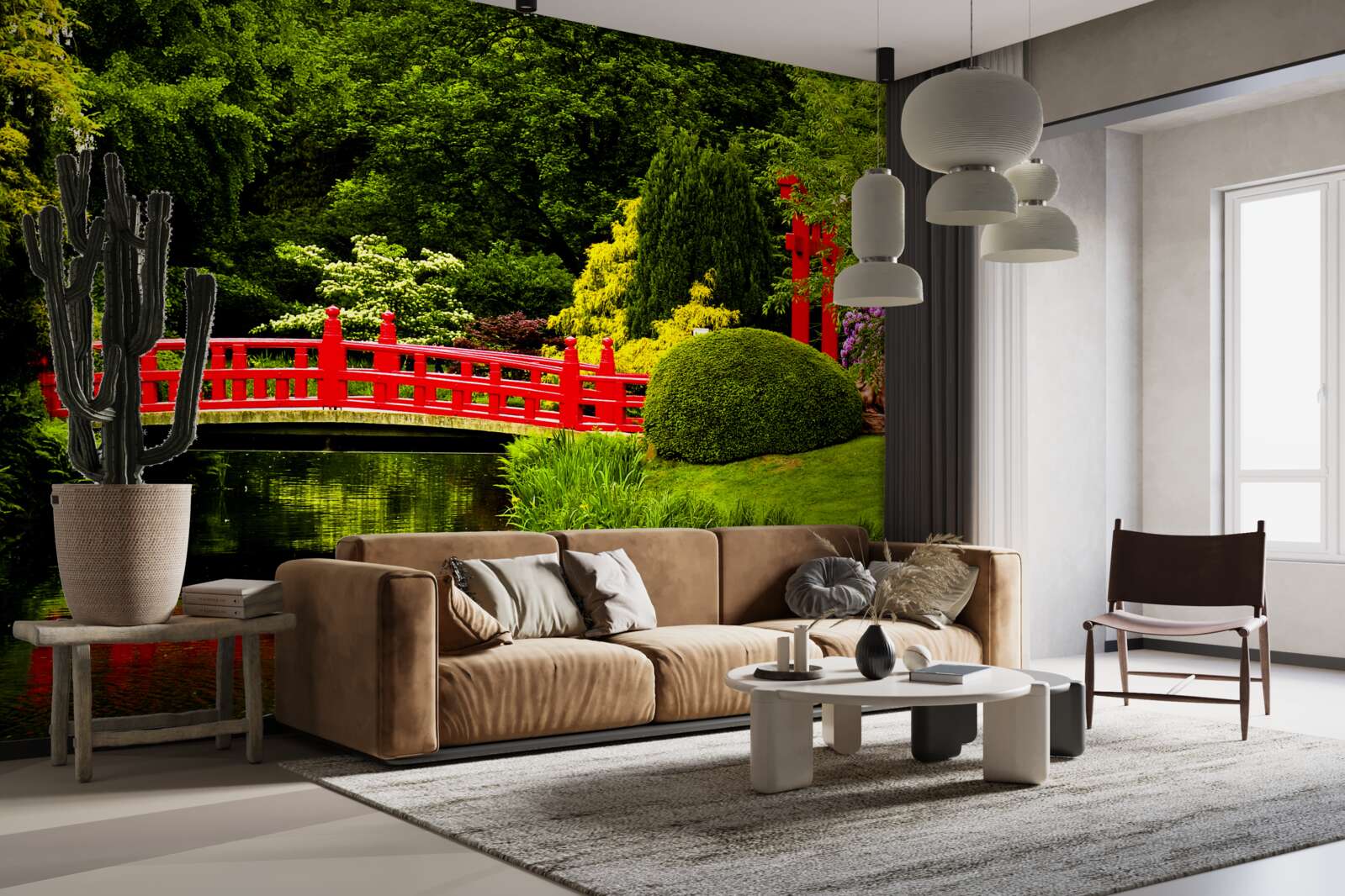 Fotobehang rode brug in de japanse tuin