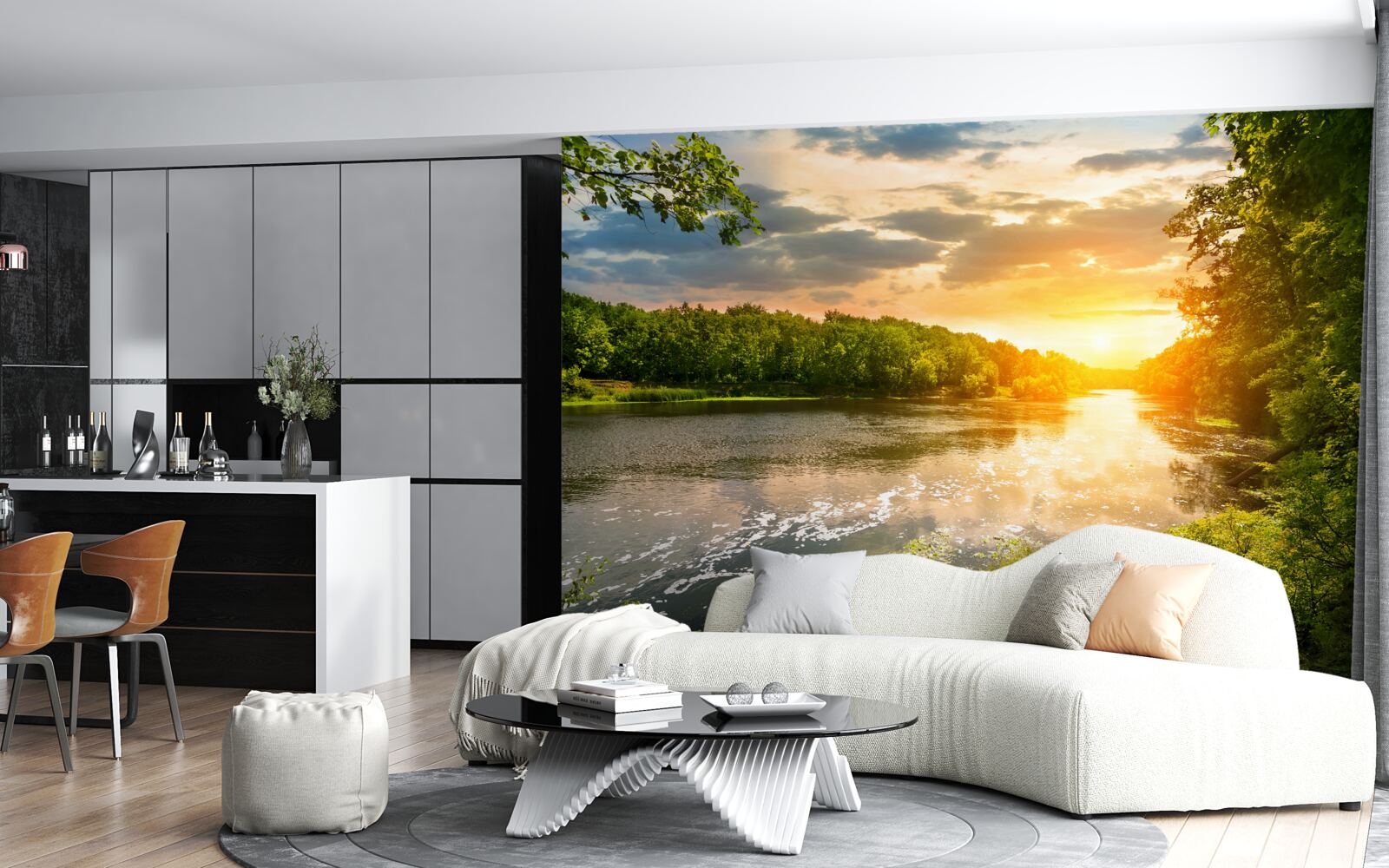 Fotobehang de ondergaande zon verwarmt zachtjes de bosrivier