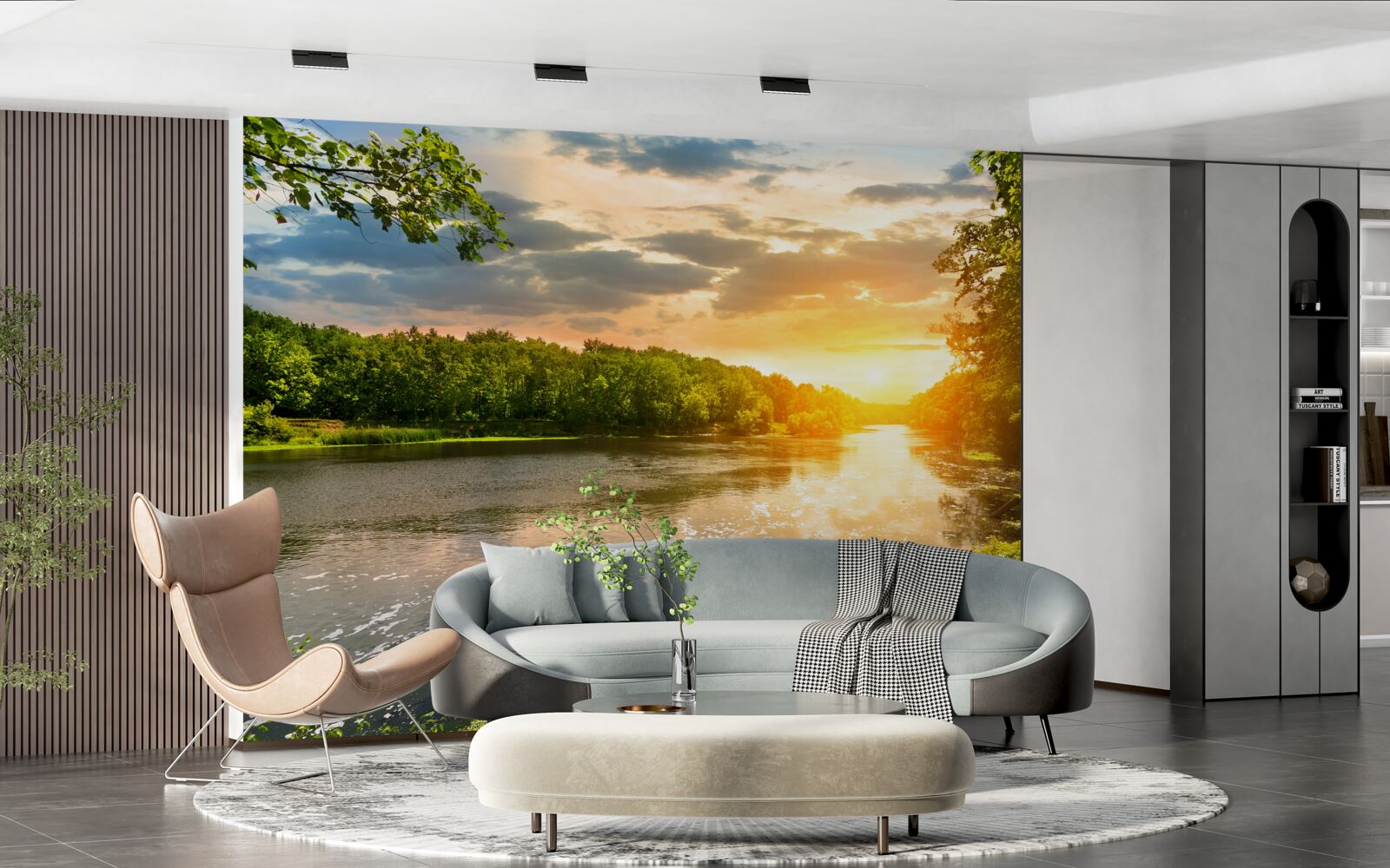 Fotobehang de ondergaande zon verwarmt zachtjes de bosrivier