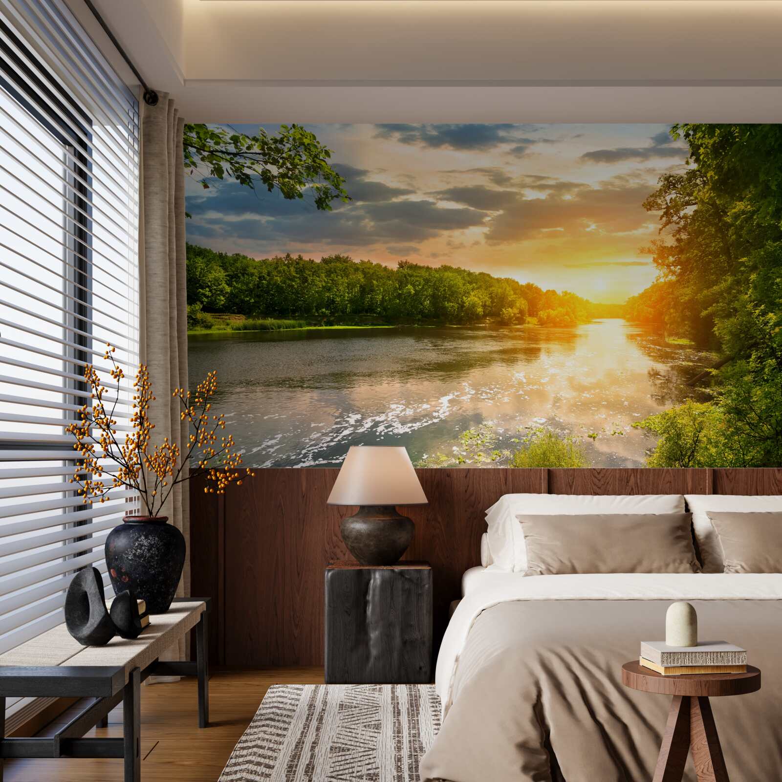 Fotobehang de ondergaande zon verwarmt zachtjes de bosrivier