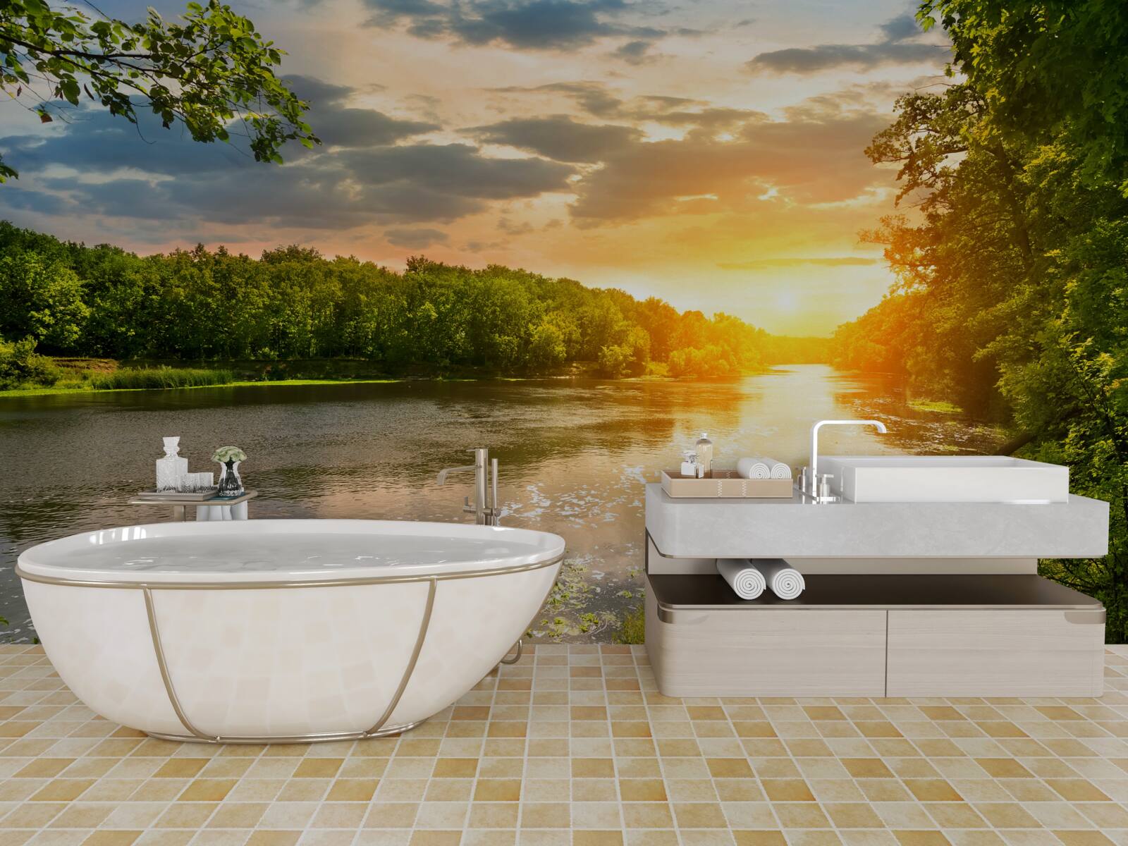 Fotobehang de ondergaande zon verwarmt zachtjes de bosrivier