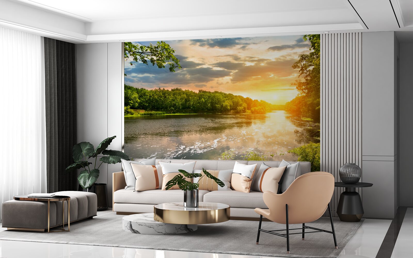 Fotobehang de ondergaande zon verwarmt zachtjes de bosrivier