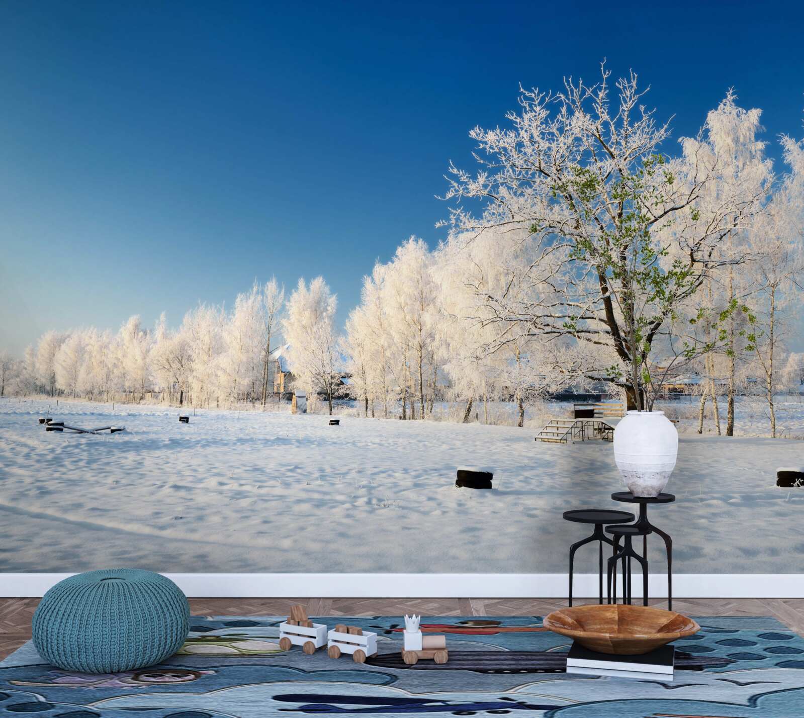 Fotobehang sprookjesachtige winter tegen een achtergrond van azuurblauwe lucht