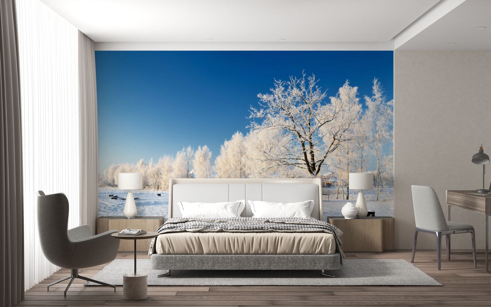 Fotobehang sprookjesachtige winter tegen een achtergrond van azuurblauwe lucht