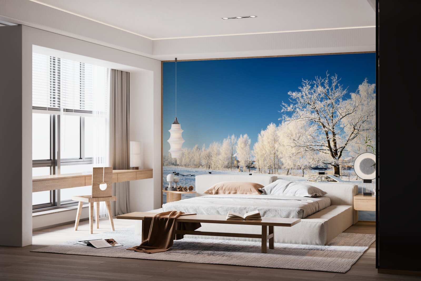 Fotobehang sprookjesachtige winter tegen een achtergrond van azuurblauwe lucht