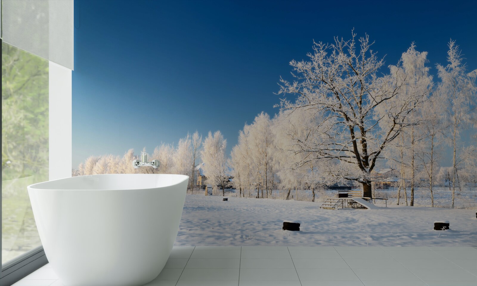 Fotobehang sprookjesachtige winter tegen een achtergrond van azuurblauwe lucht