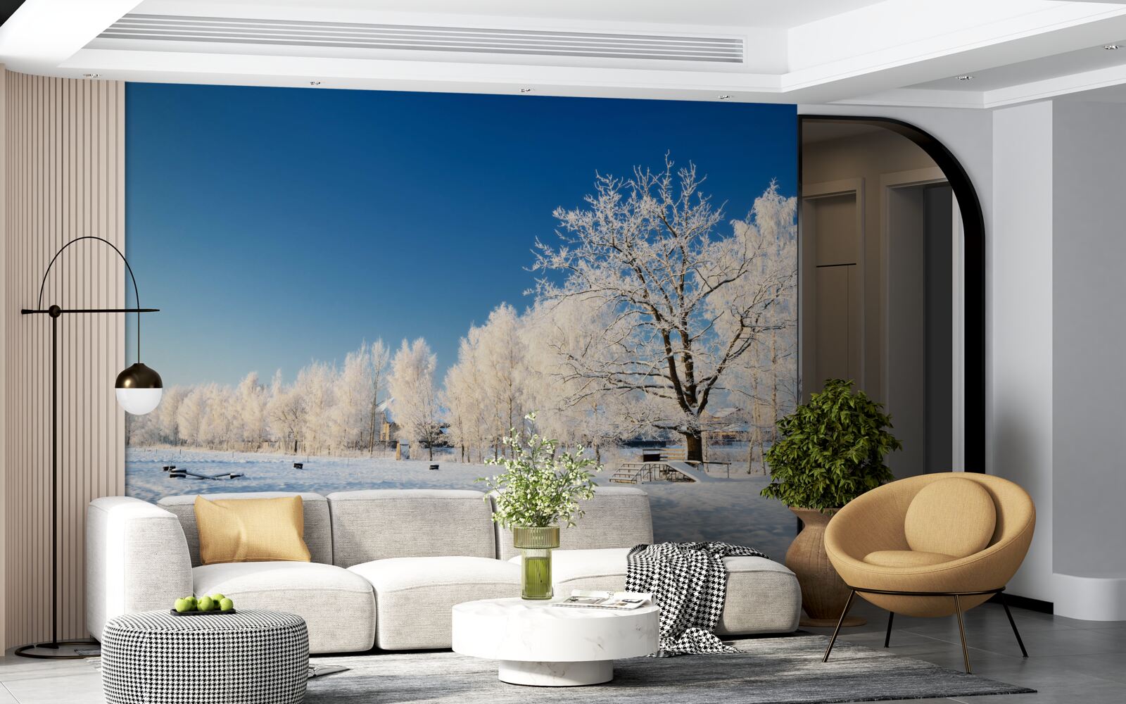 Fotobehang sprookjesachtige winter tegen een achtergrond van azuurblauwe lucht