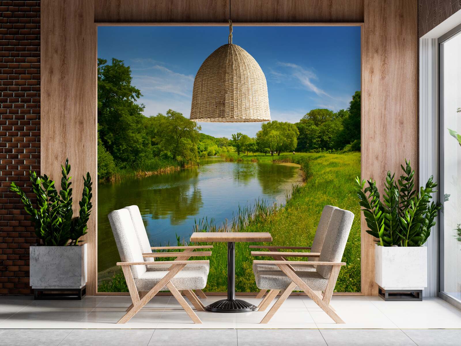 Fotobehang een groene weide waar kalm water doorheen stroomt