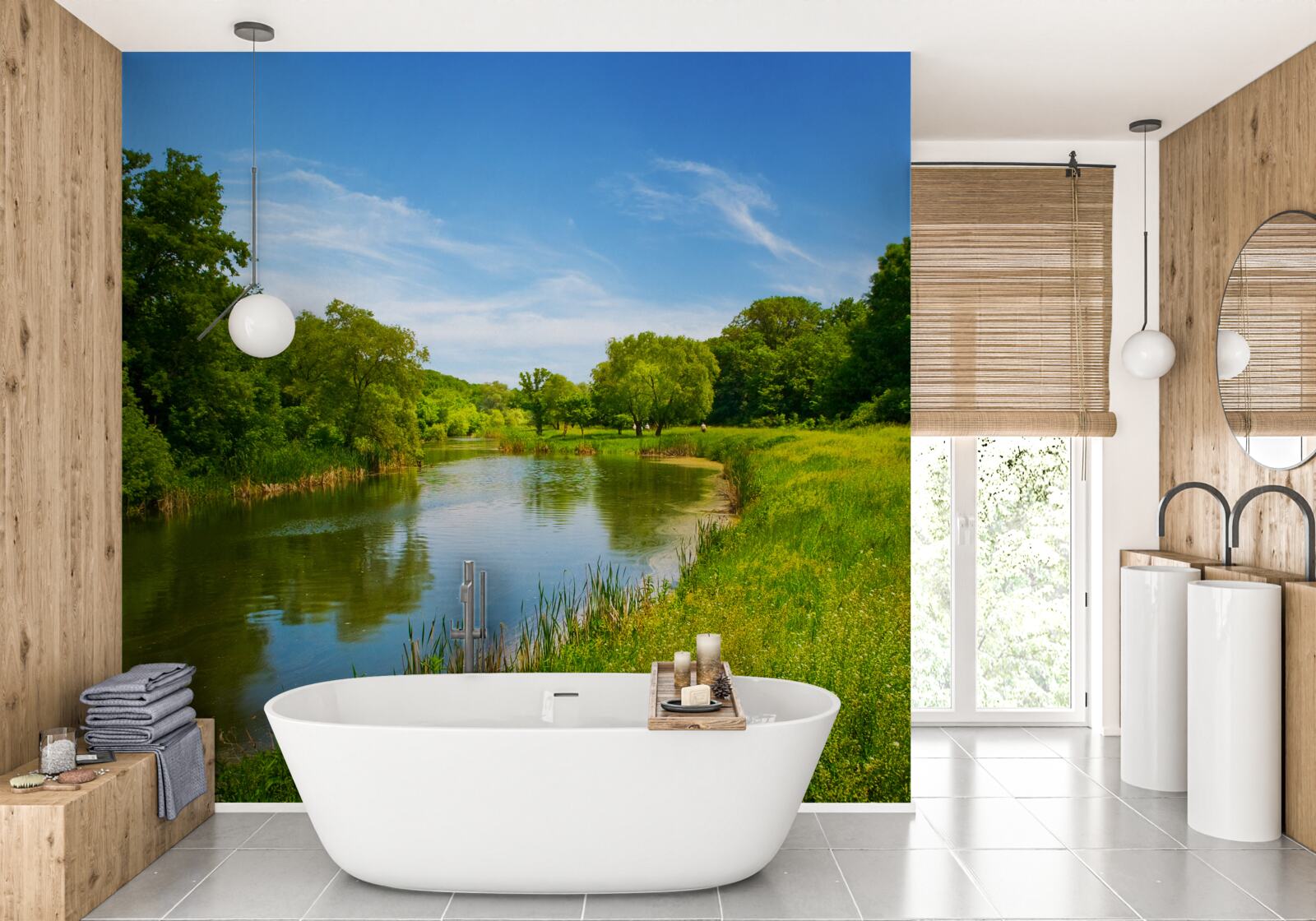 Fotobehang een groene weide waar kalm water doorheen stroomt