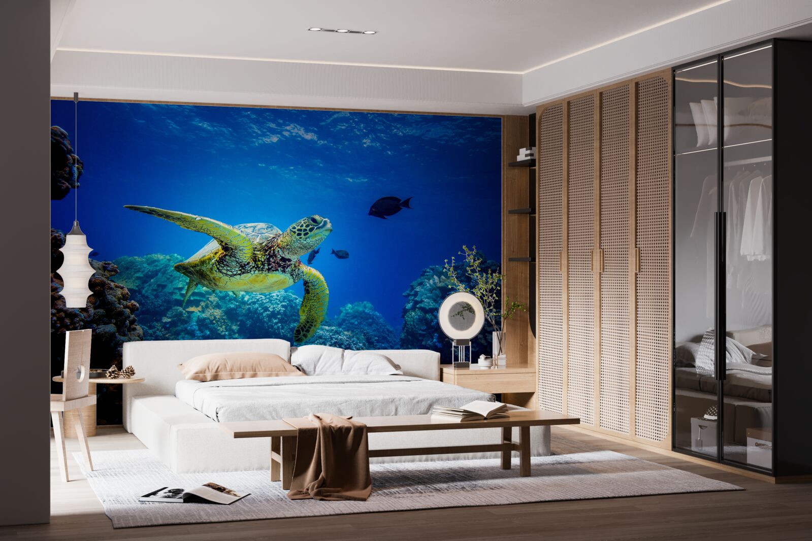 Fotobehang Schildpad in de blauwe diepten van de zee