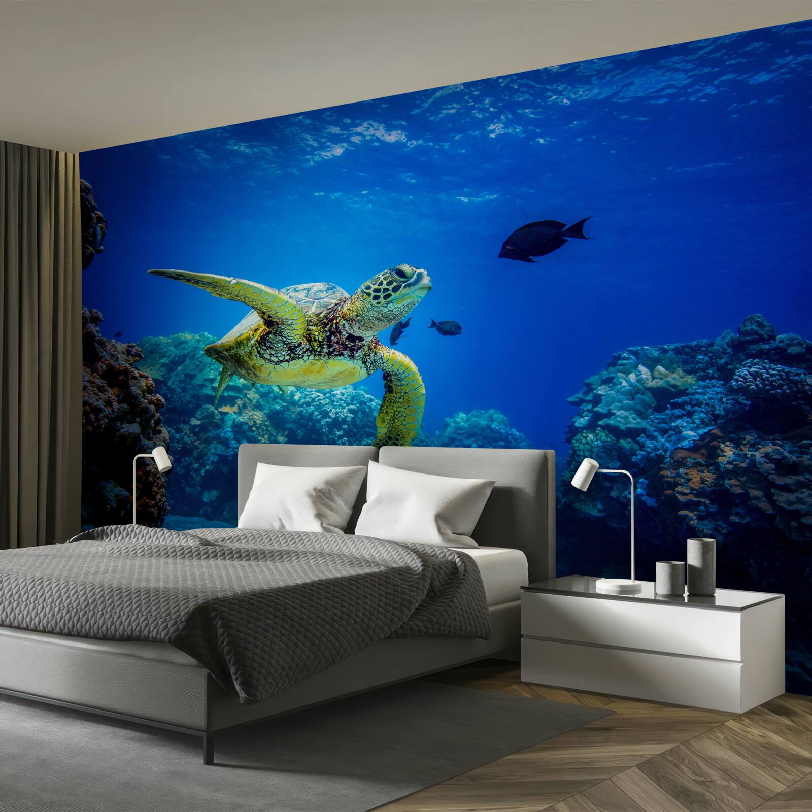 Fotobehang Schildpad in de blauwe diepten van de zee