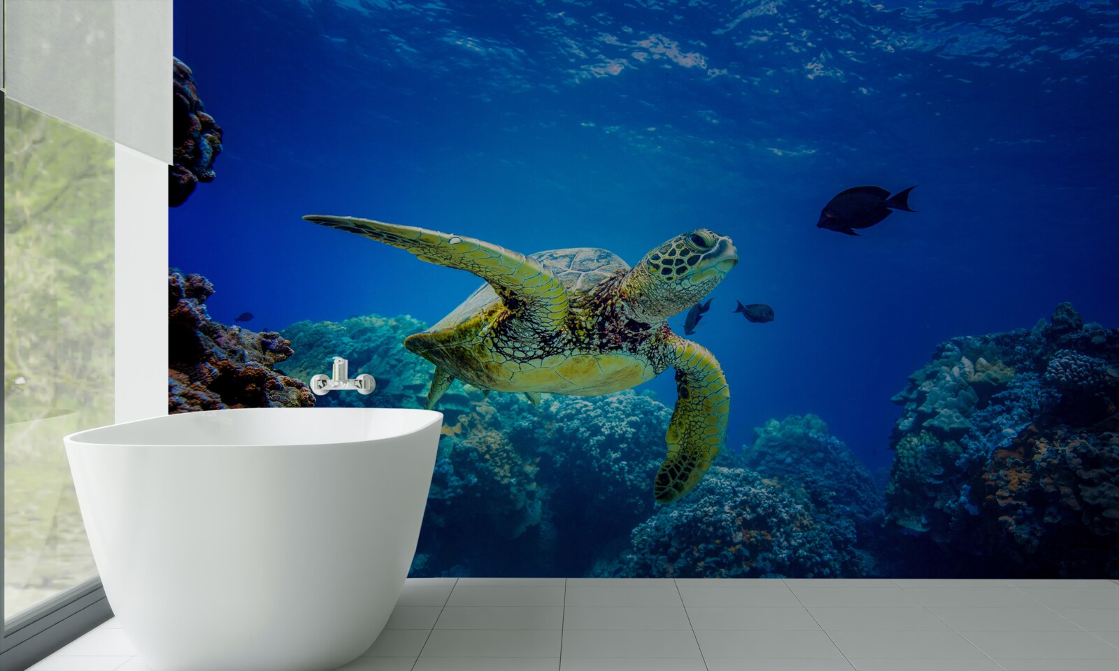 Fotobehang Schildpad in de blauwe diepten van de zee