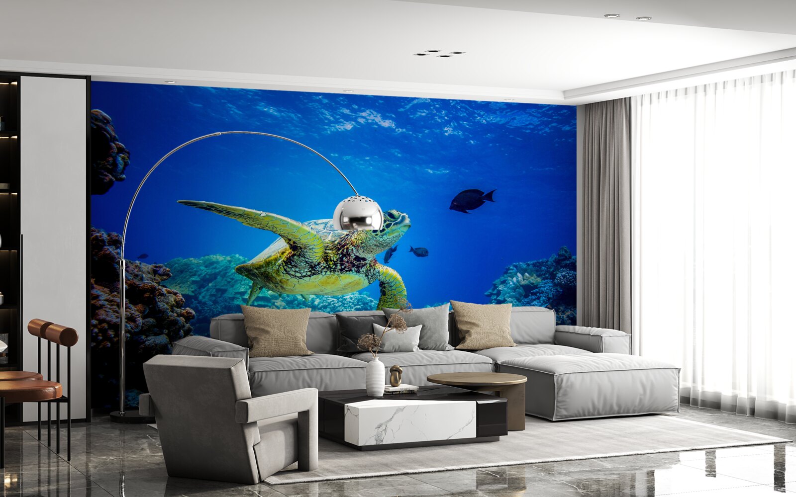 Fotobehang Schildpad in de blauwe diepten van de zee