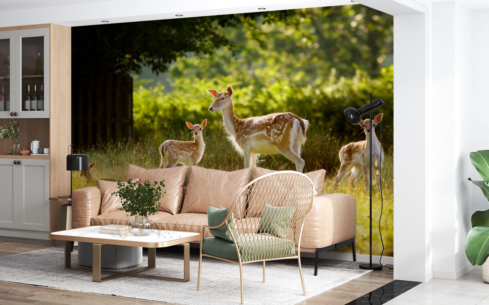 Fotobehang een groep gevlekte herten graast in een veld